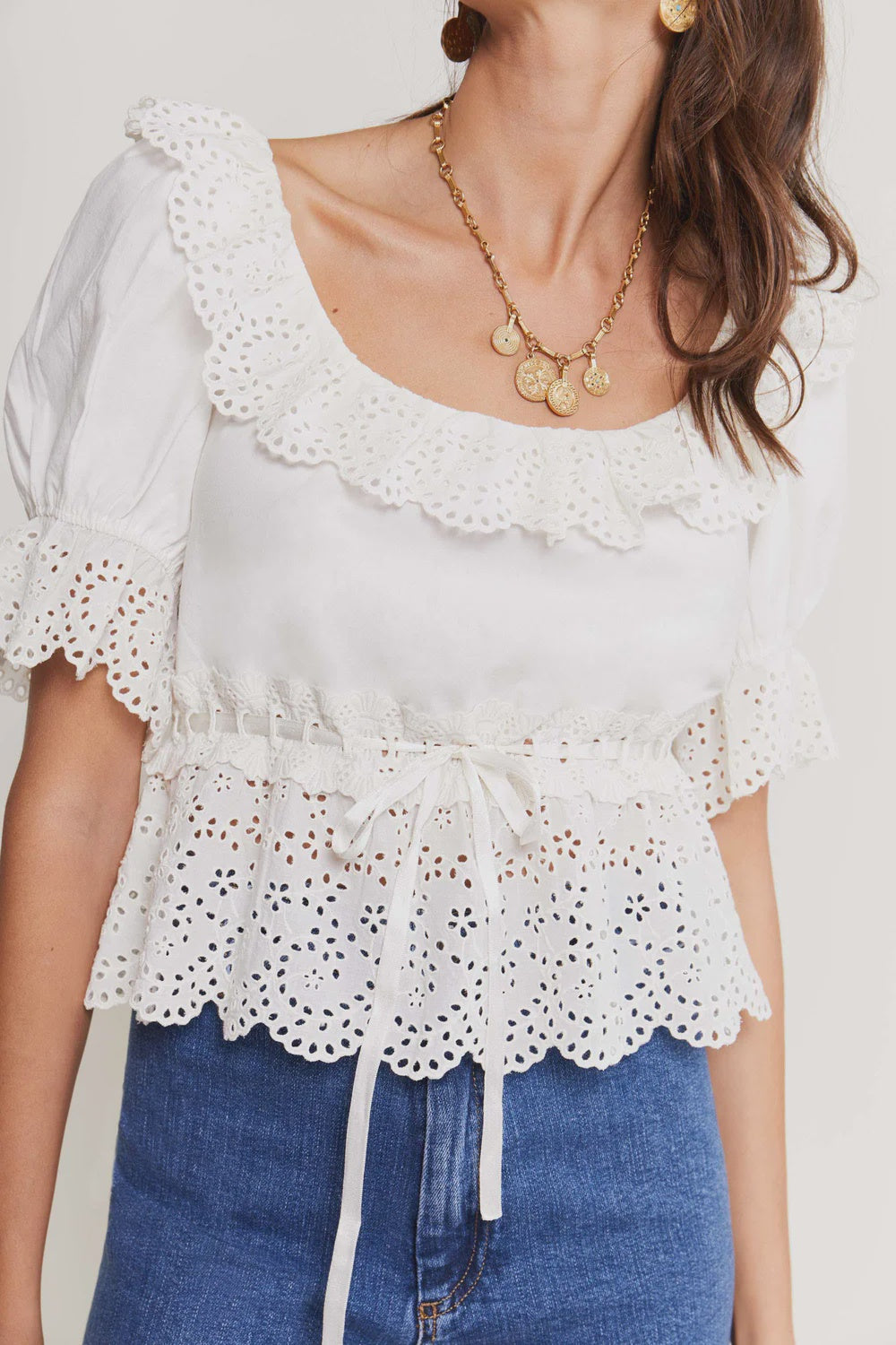 RIXO Elna top in Daisy Embroidery Ivory