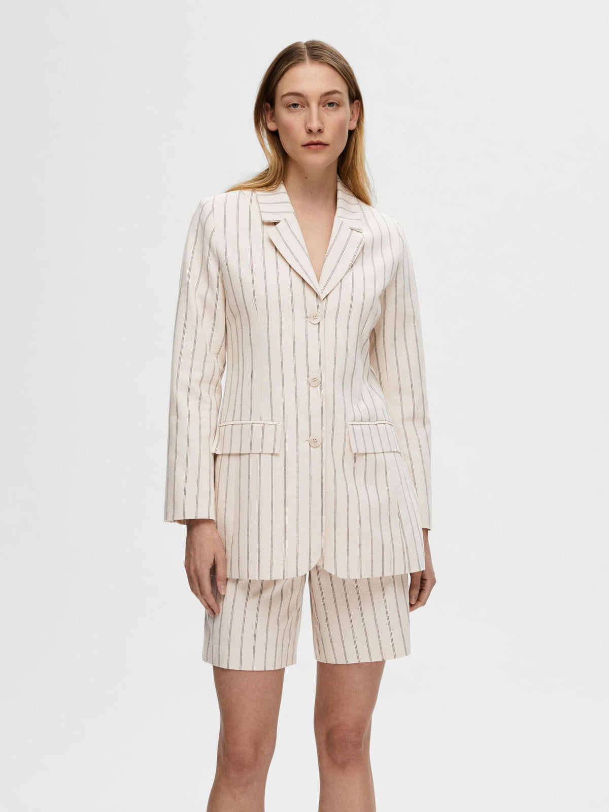 SLF Hilda Fitted Blazer in Pinstripe Sandshell