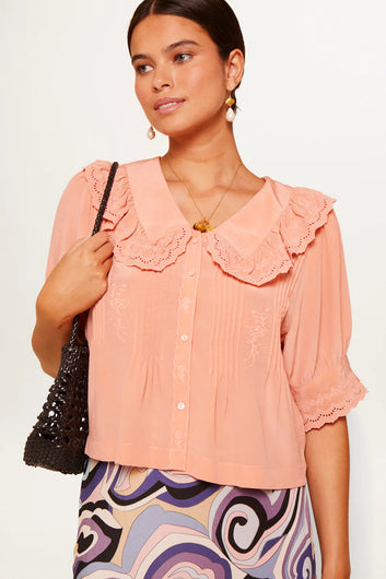 RIXO Quince Top in Pansy Embroidery Quartz