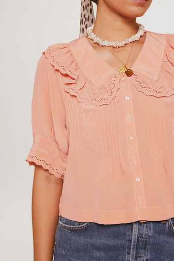 RIXO Quince Top in Pansy Embroidery Quartz