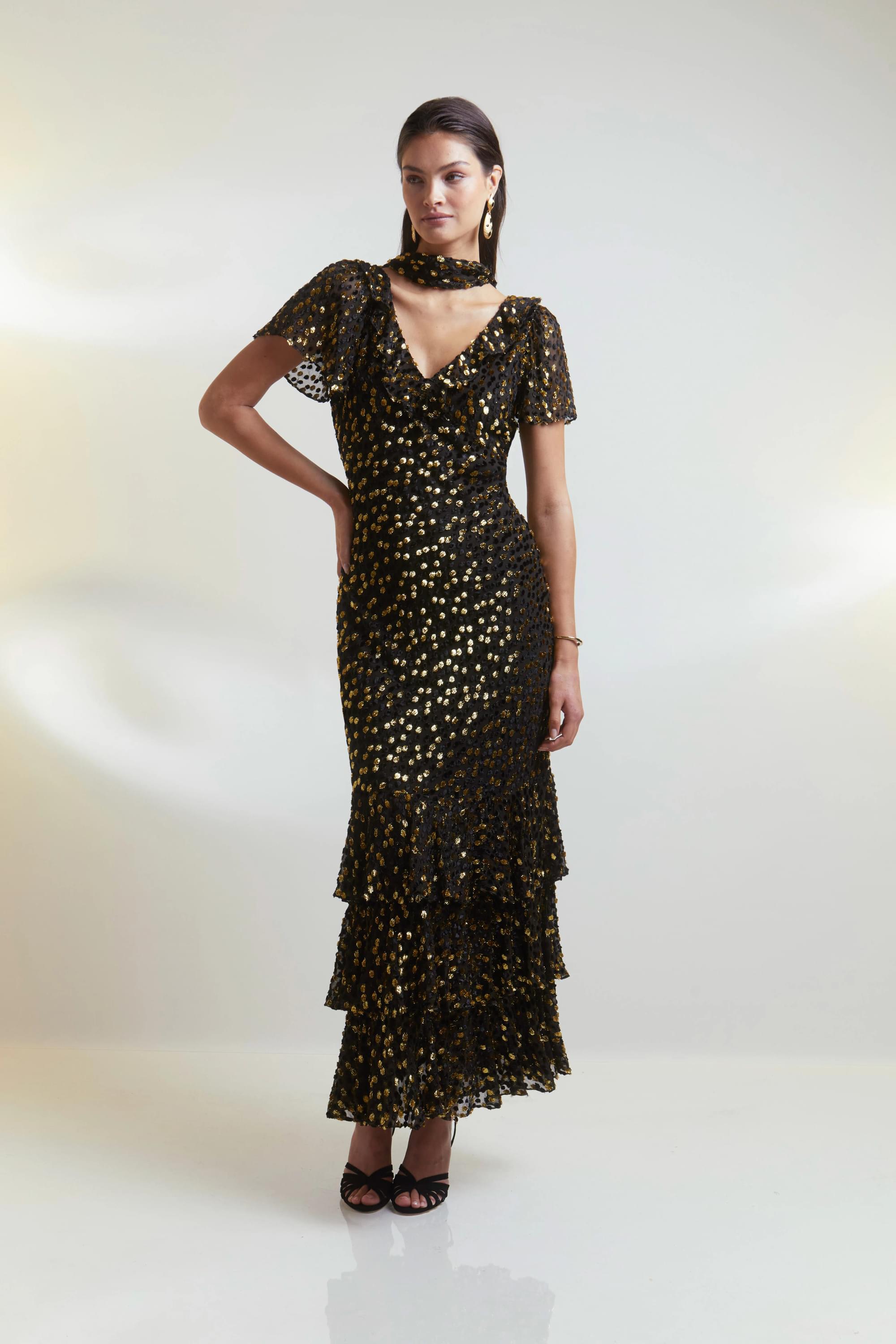 RIXO Amelle Dress in Scatter Devore Gold