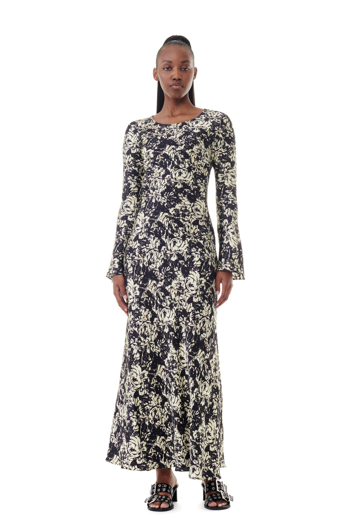 GANNI F9200 Printed Satin Maxi Dress in Flan