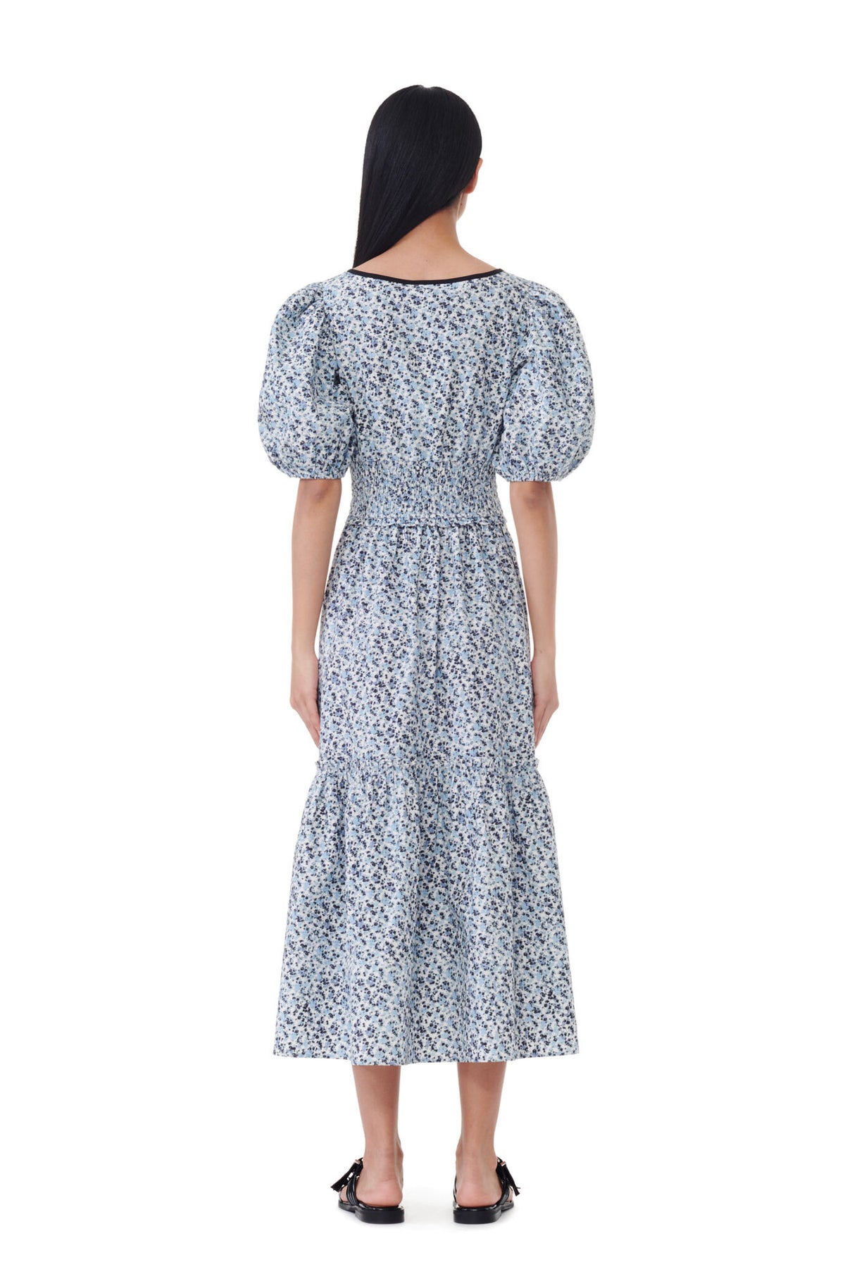 GANNI F9231 Printed Cotton Smock Dress in Glacier Lake