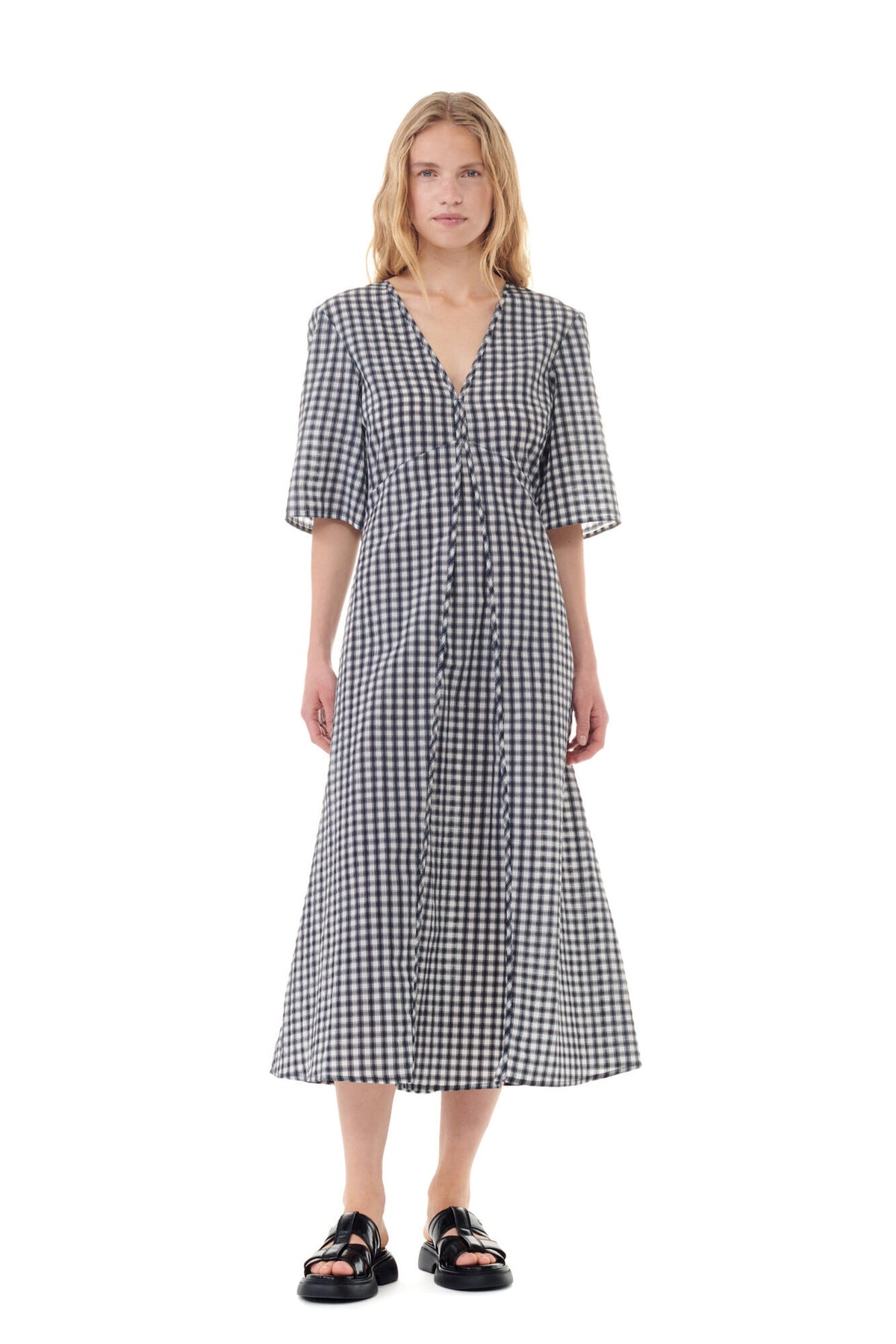 GANNI F9308 Seersucker Check Dress in Egret