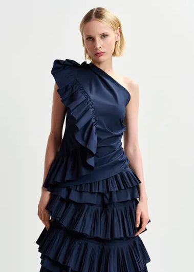 EA Haven Asymmetric Ruffle Top in Dark Sapphire