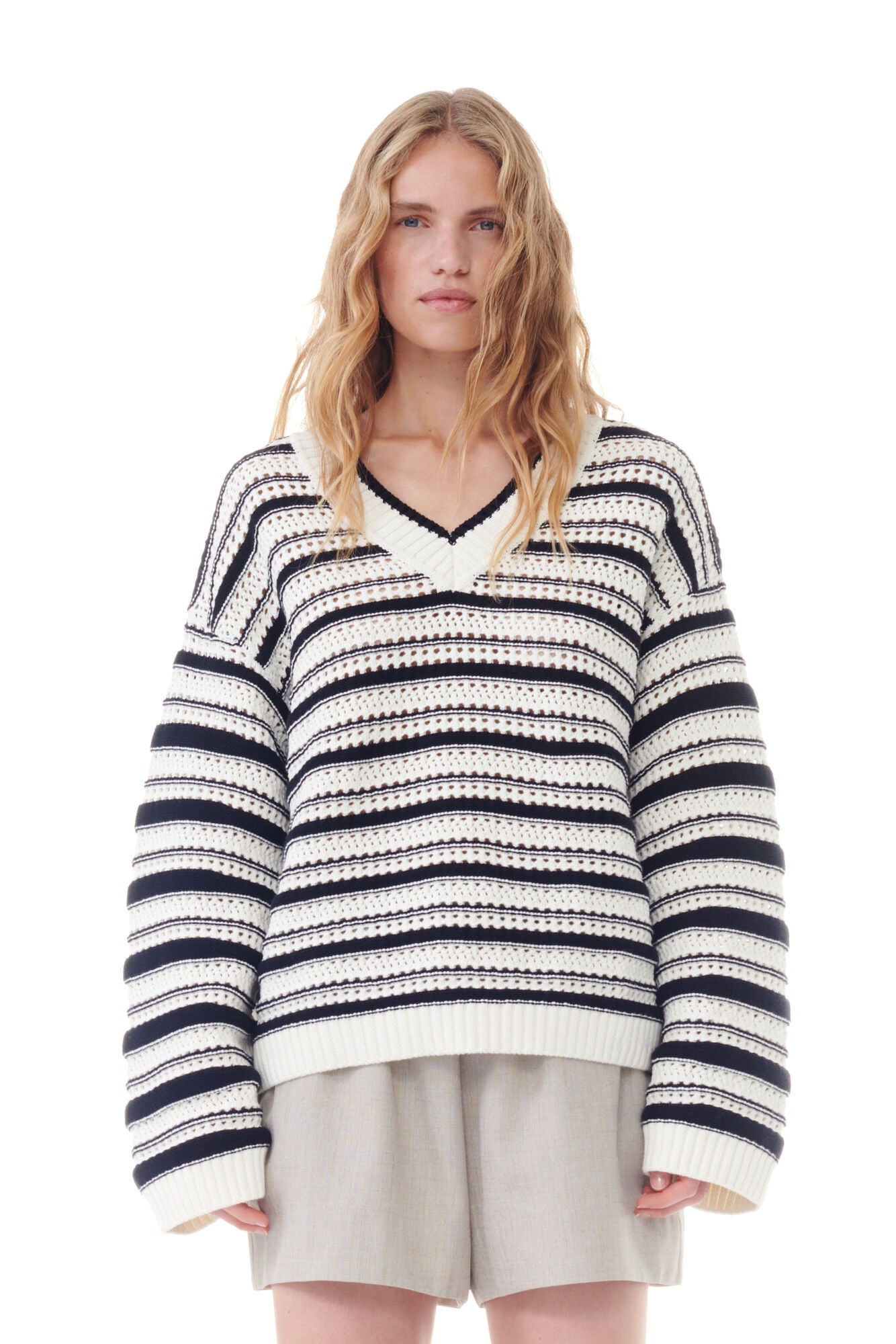 GANNI K2239 Striped Cotton Pointelle Knit in Black, White