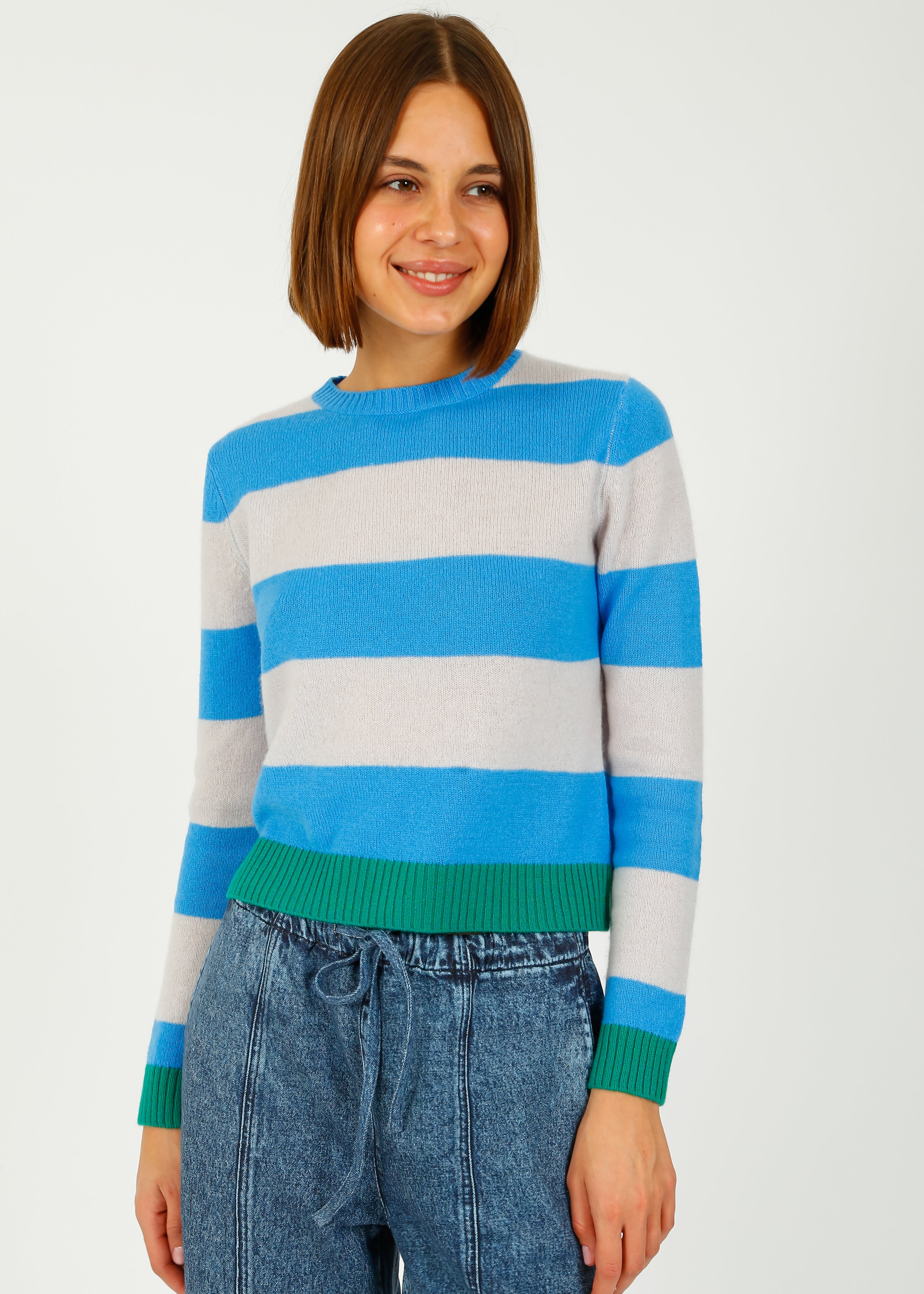 JU Contrast Stripe Crew in Sky, Fog, Emerald