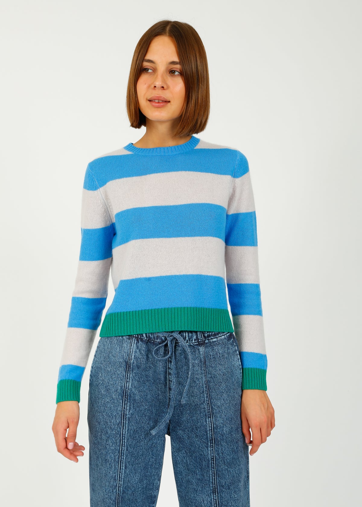 JU Contrast Stripe Crew in Sky, Fog, Emerald