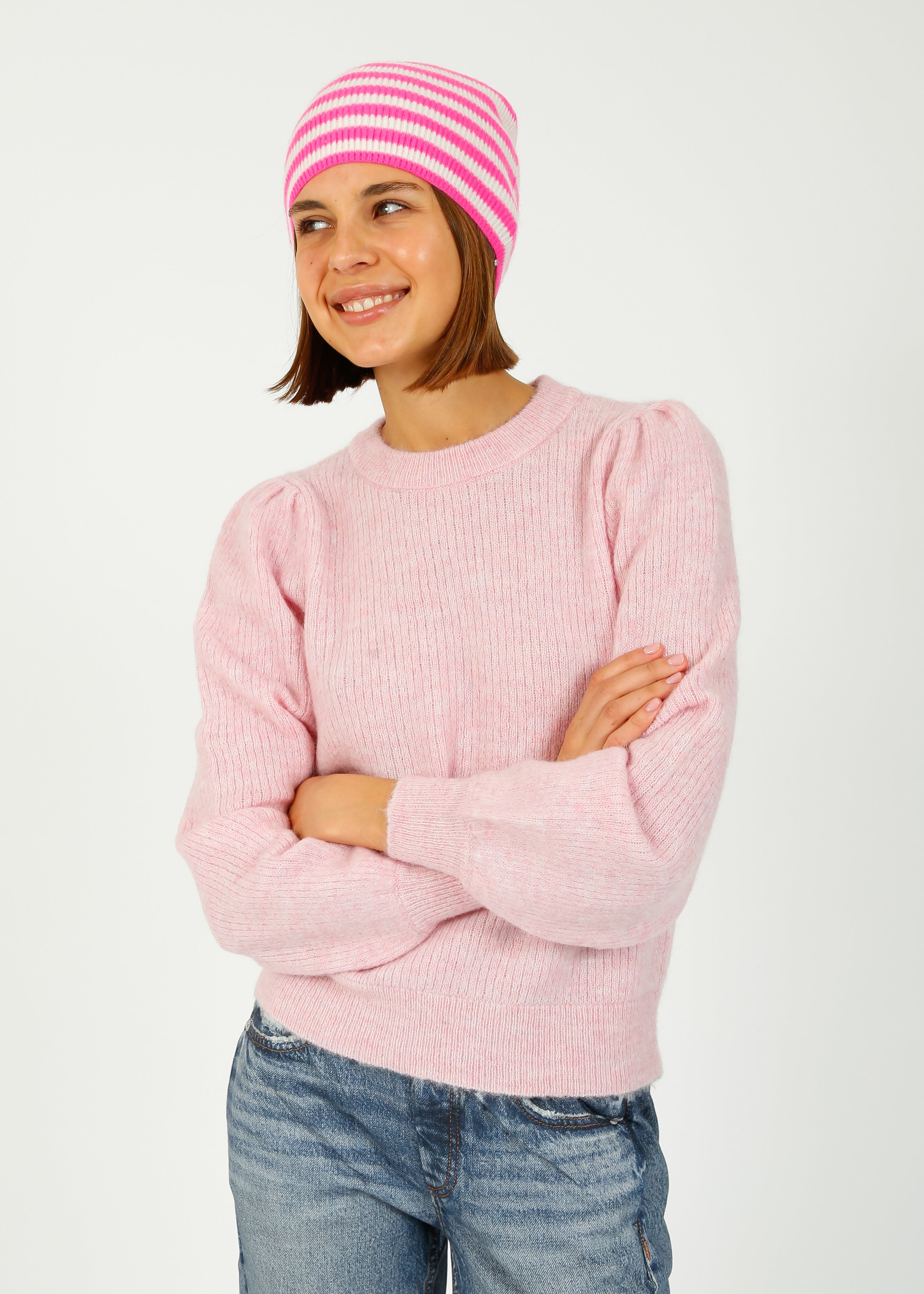 JU Narrow Stripe Rib Beanie in Hot Pink