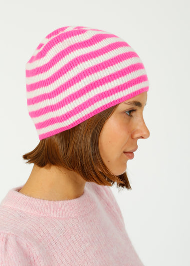 JU Narrow Stripe Rib Beanie in Hot Pink