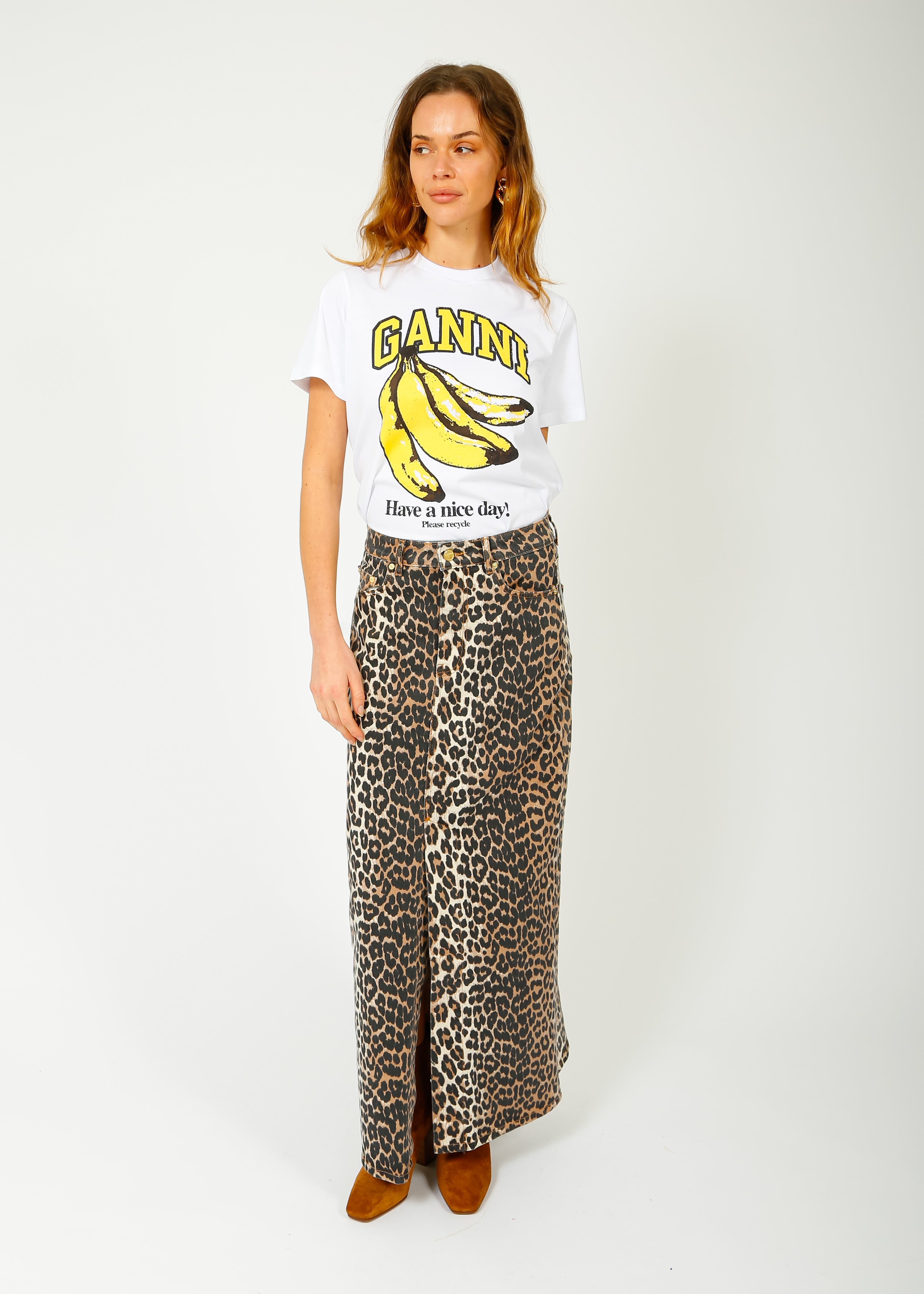 GANNI J1445 Printed Denim Maxi Skirt in Leo