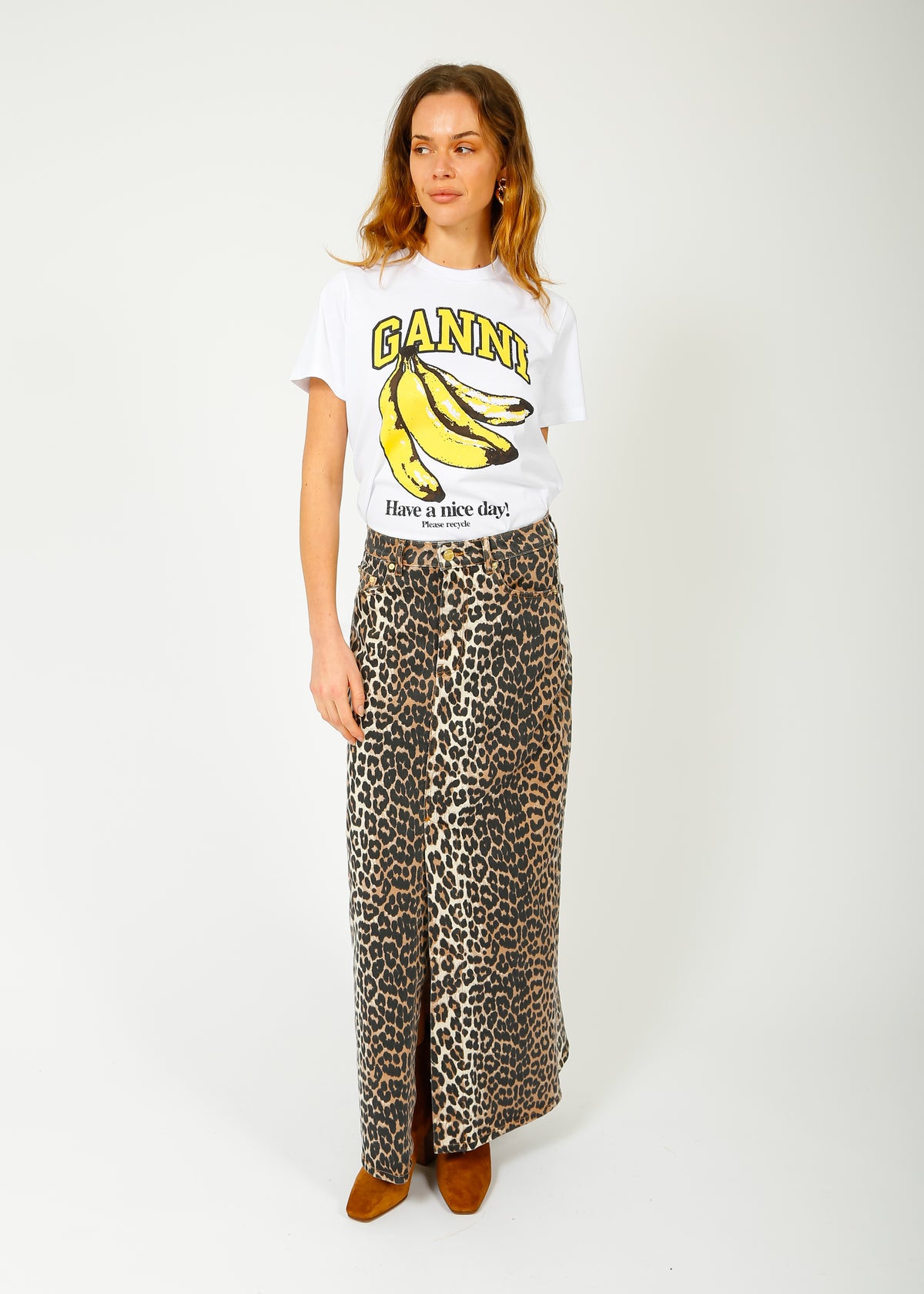 GANNI J1445 Printed Denim Maxi Skirt in Leo