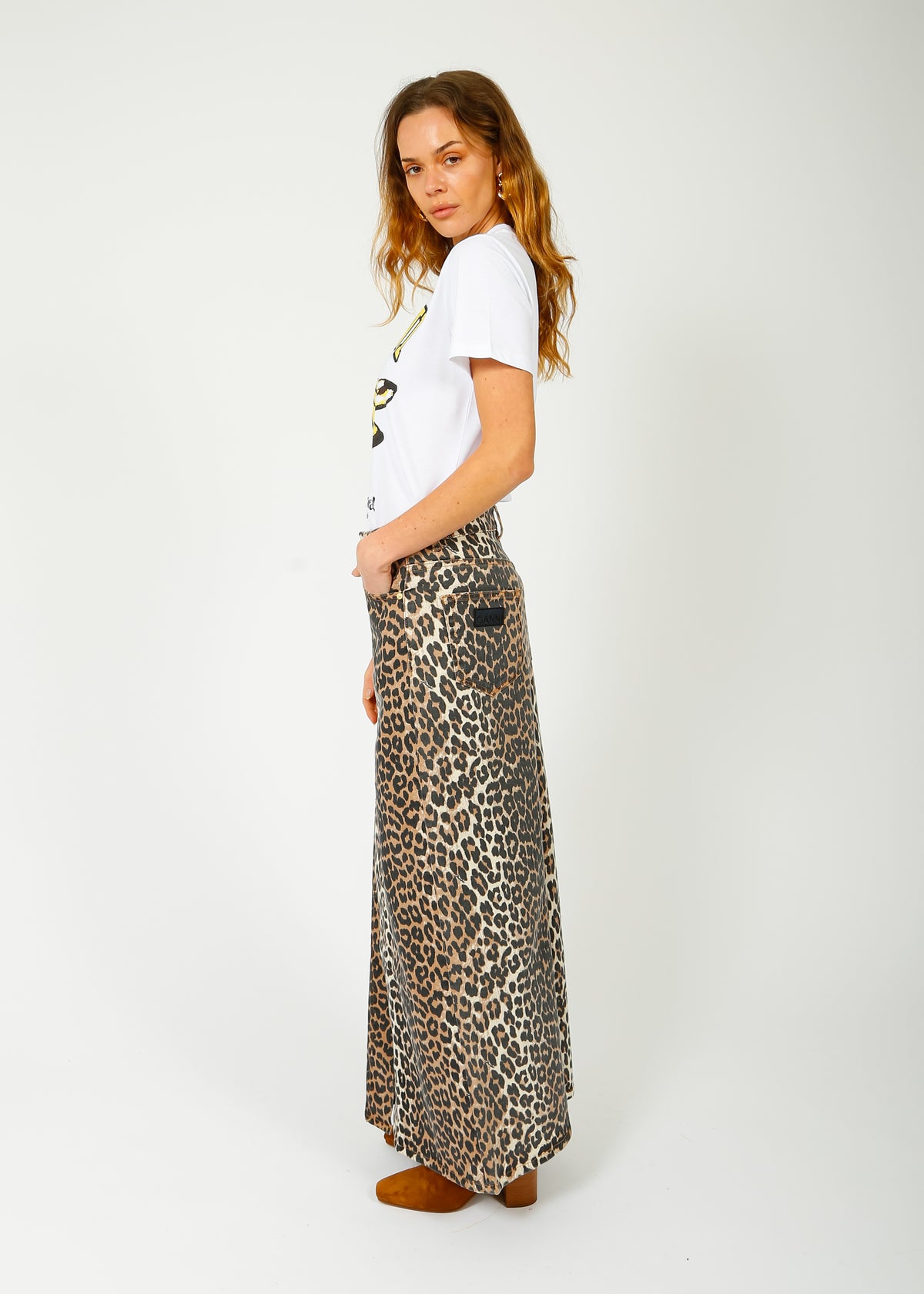 GANNI J1445 Printed Denim Maxi Skirt in Leo