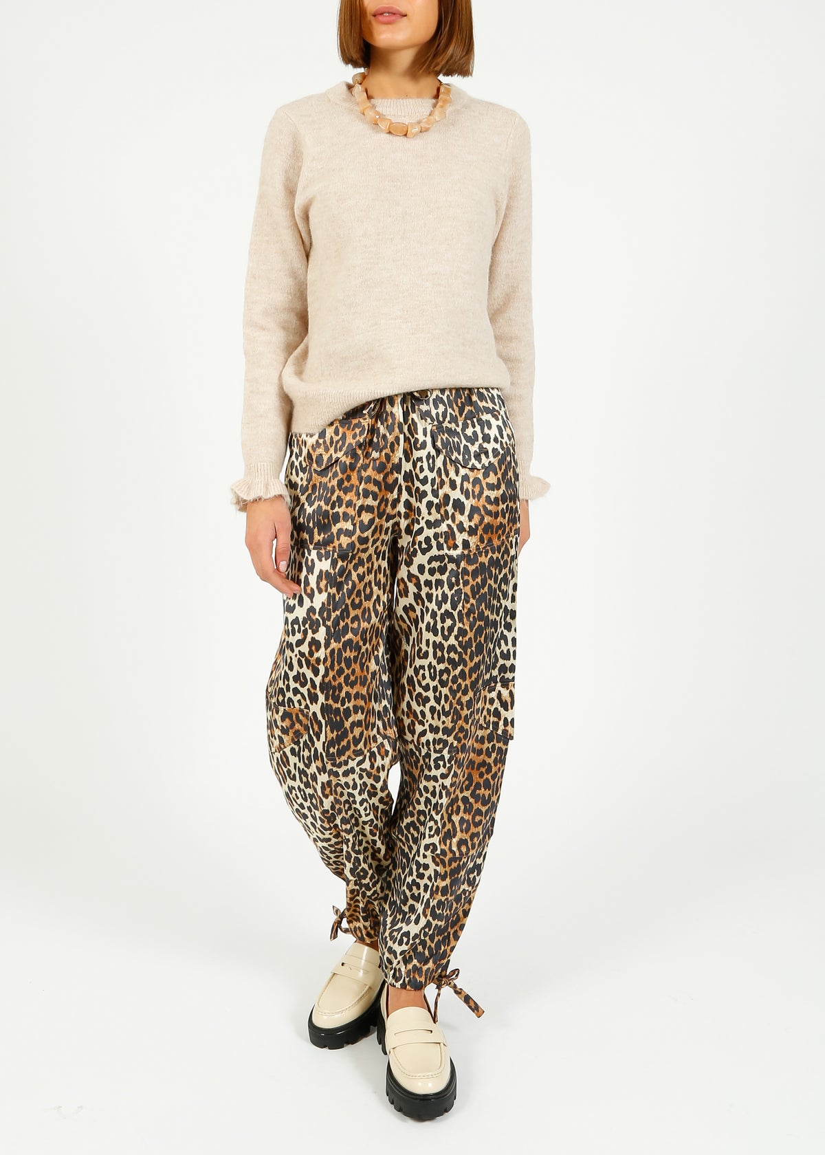 GANNI W0324 Printed Satin Pants in Leopard