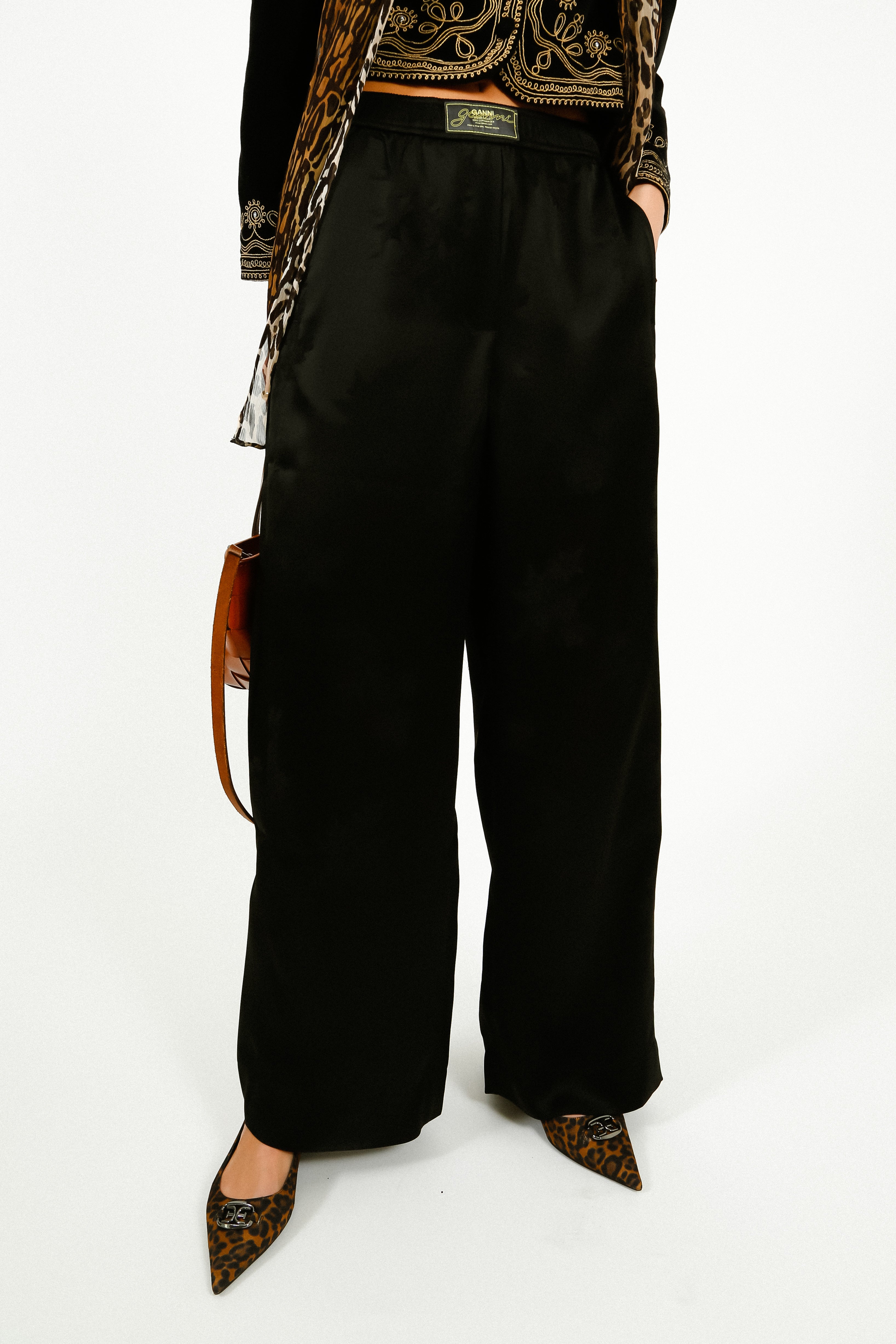 GANNI W0383 Fluid Satin Jacquard Elasticated Pants in Black