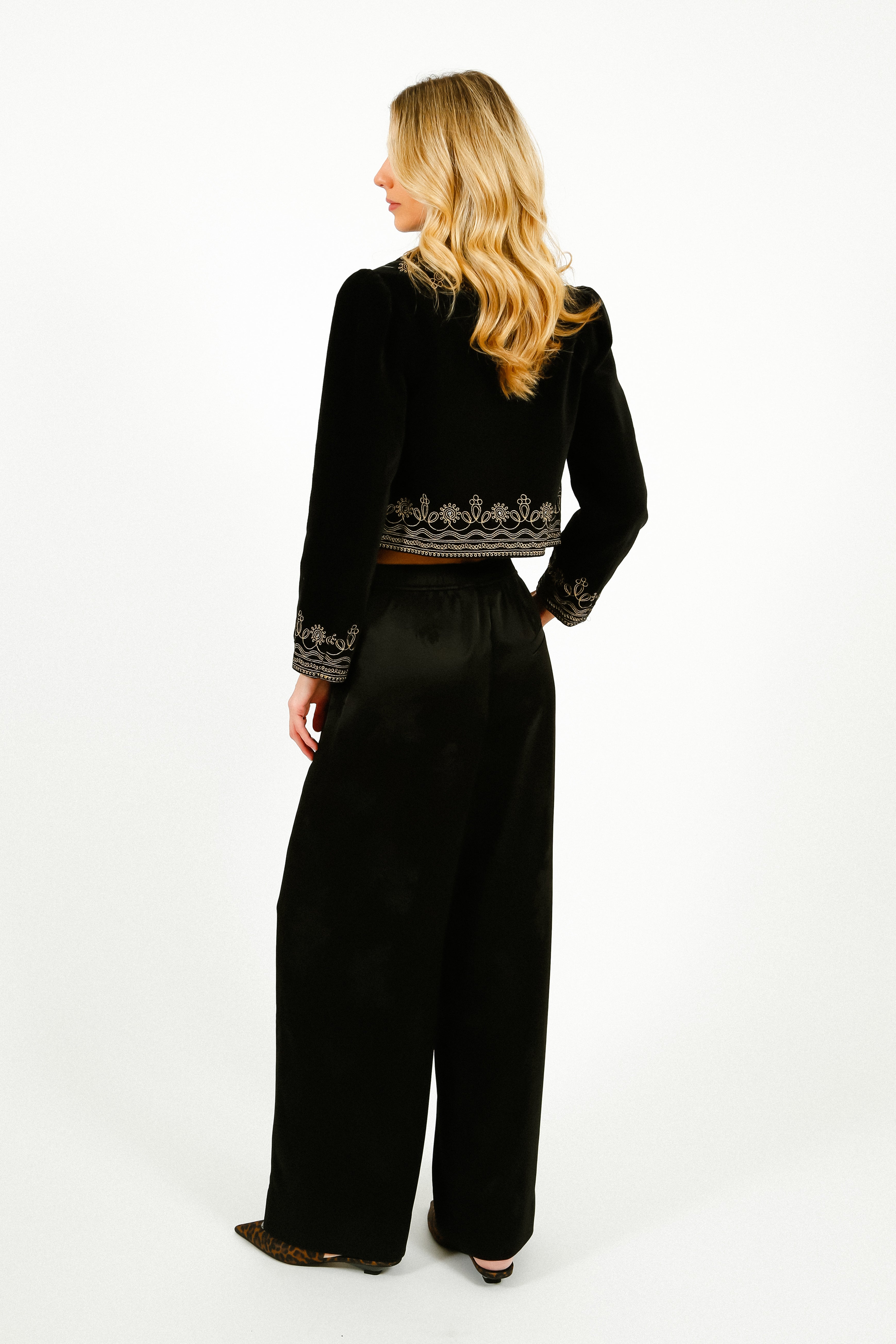 GANNI W0383 Fluid Satin Jacquard Elasticated Pants in Black