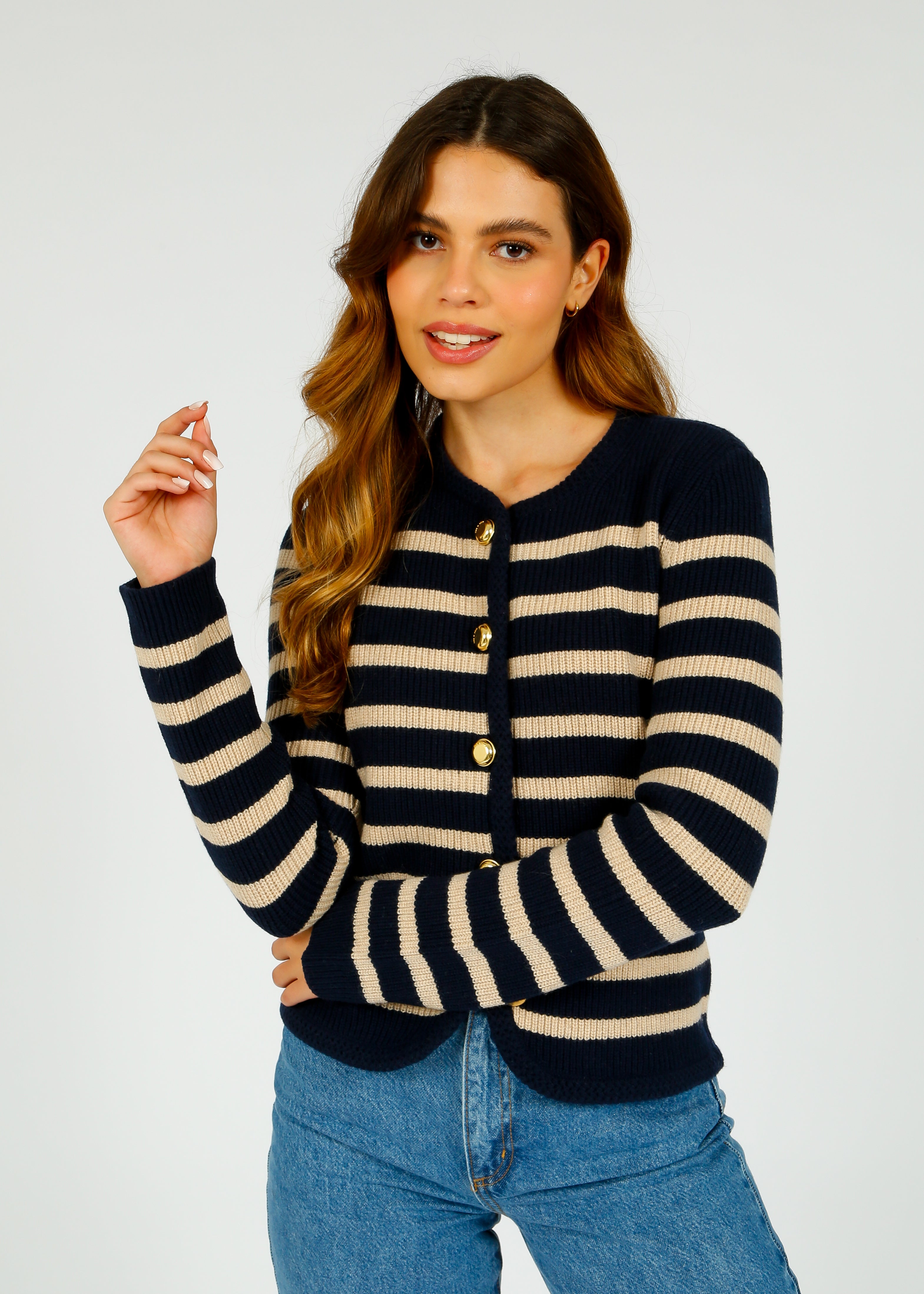 R&B Nancy Stripe Cardigan in Navy