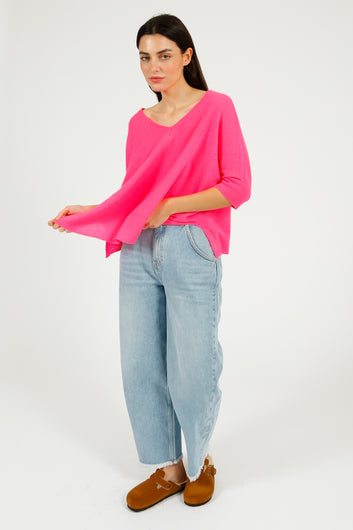 VK Katji V Neck Half Sleeve Knit in Hot Pink