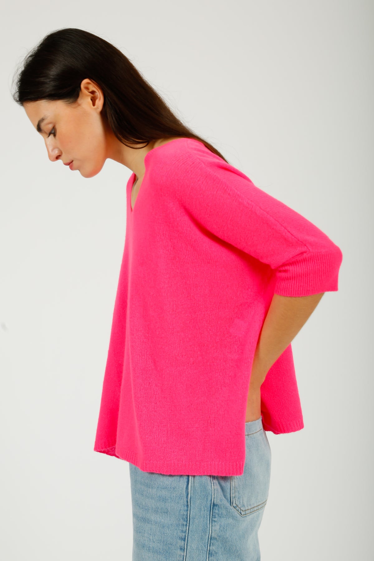 VK Katji V Neck Half Sleeve Knit in Hot Pink