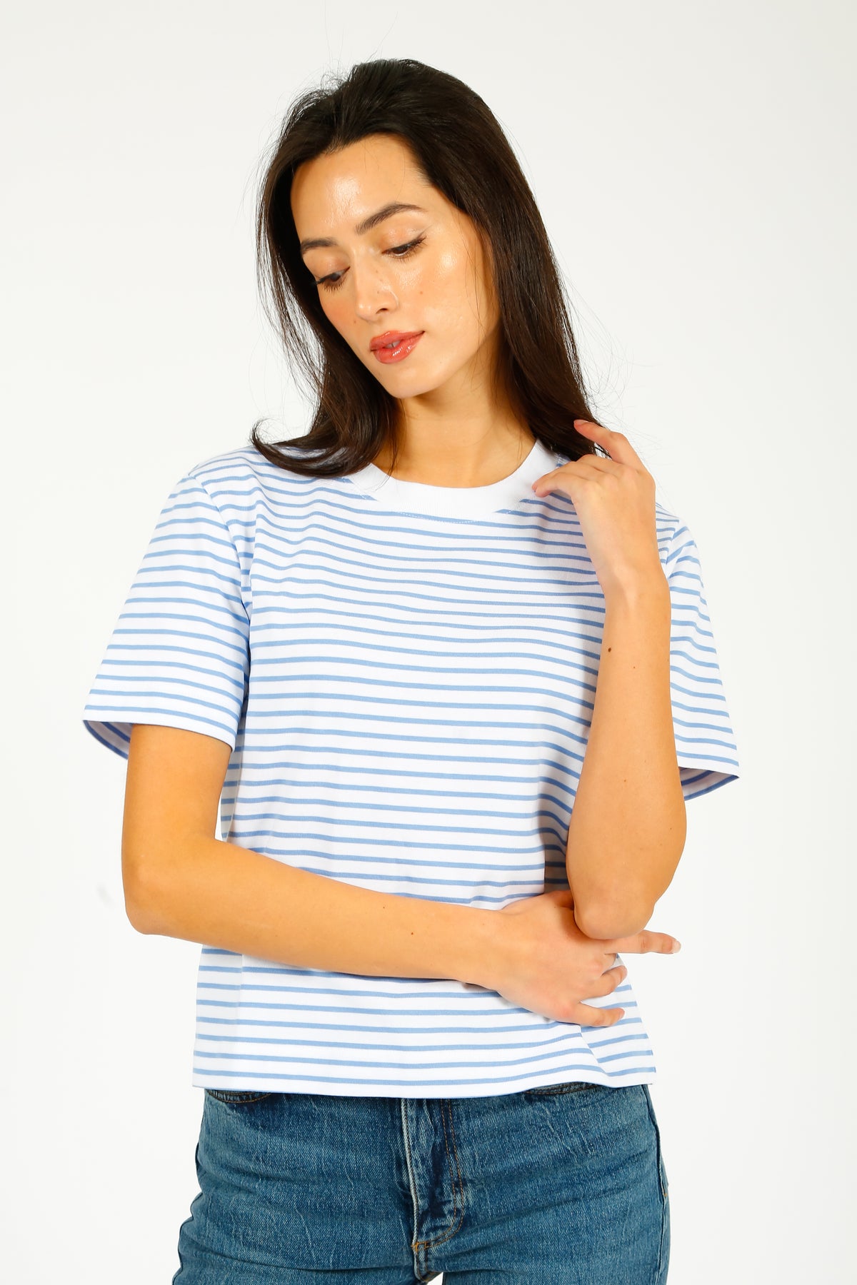 SLF Essential SS Boxy Striped Tee in Cornflower, White