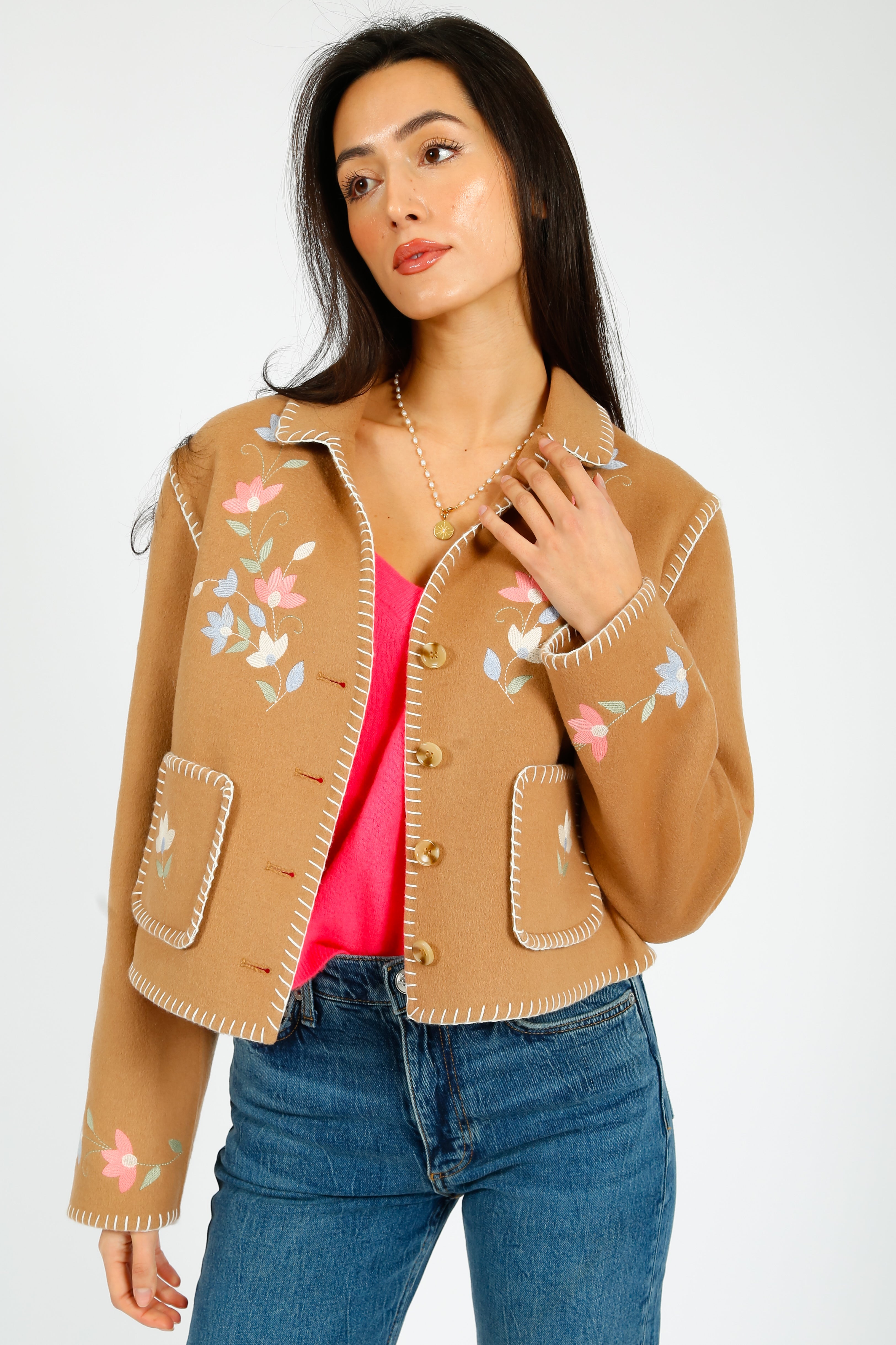 RIXO Sunday Jacket in  Petal Embroidery Tan