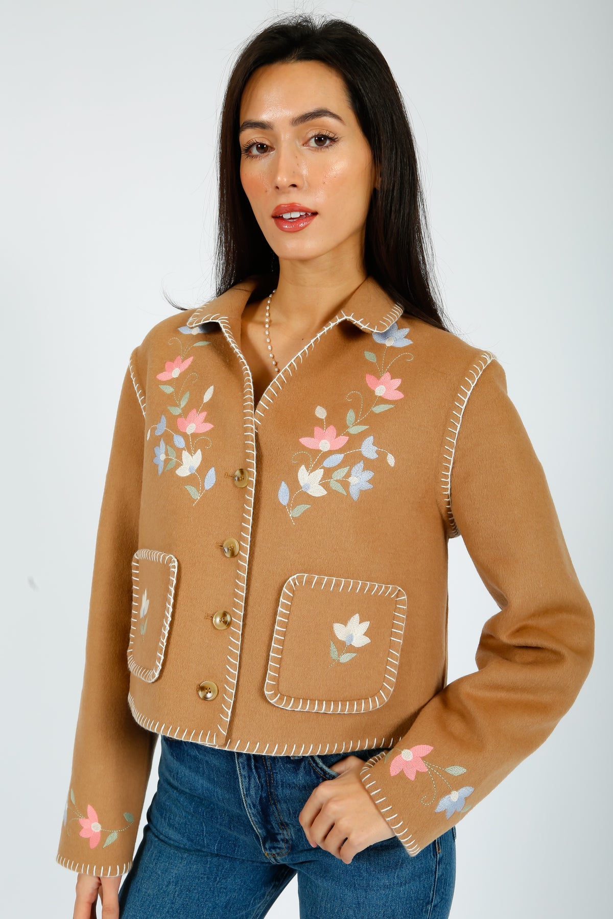 RIXO Sunday Jacket in  Petal Embroidery Tan