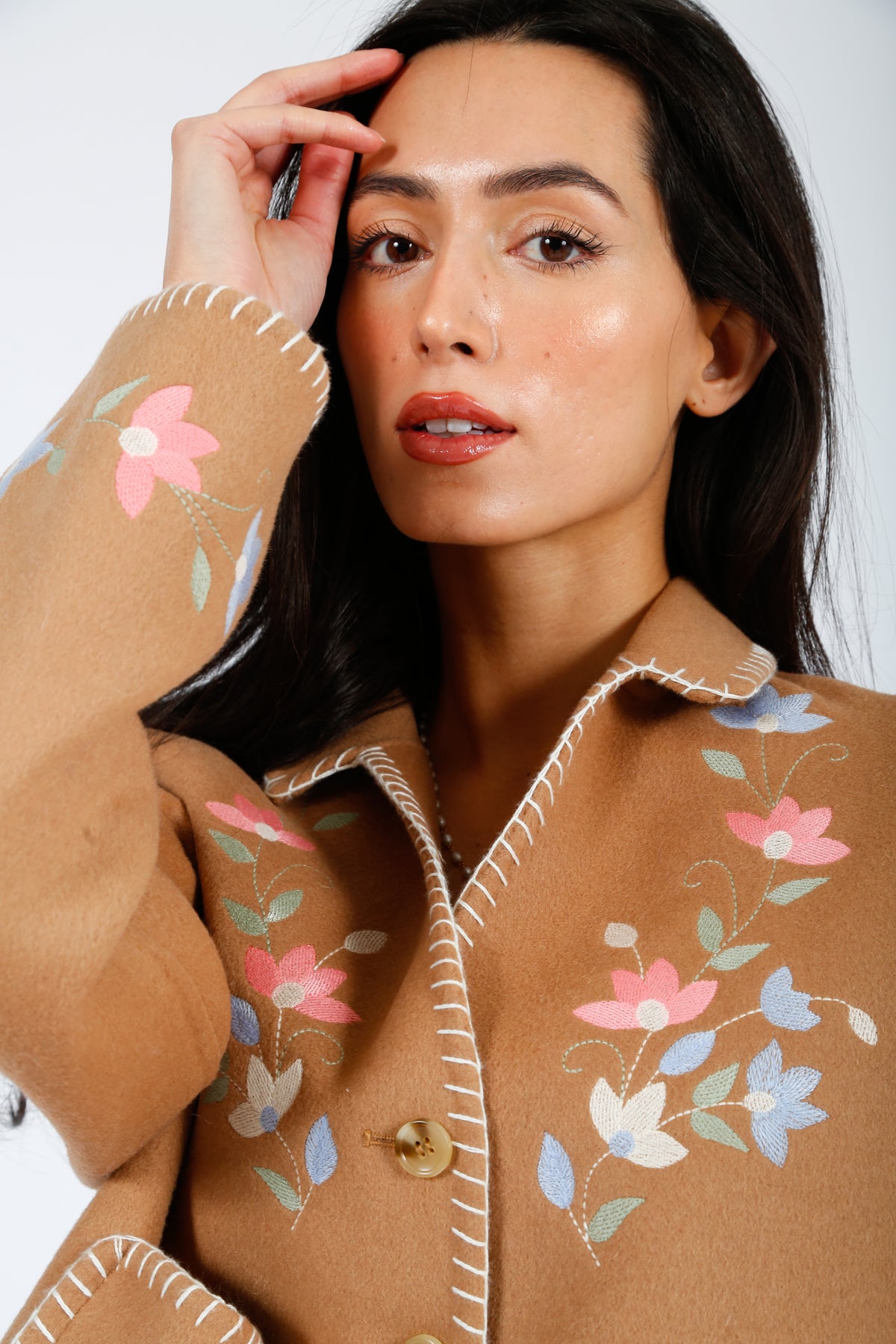 RIXO Sunday Jacket in  Petal Embroidery Tan