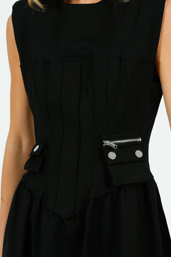 GANNI W0390 Heavy Cotton Tailoring Corset Midi Dress in Black