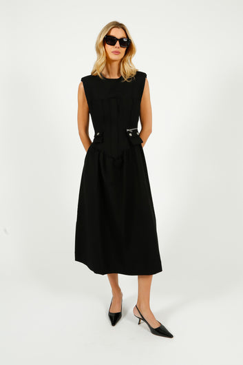 GANNI W0390 Heavy Cotton Tailoring Corset Midi Dress in Black