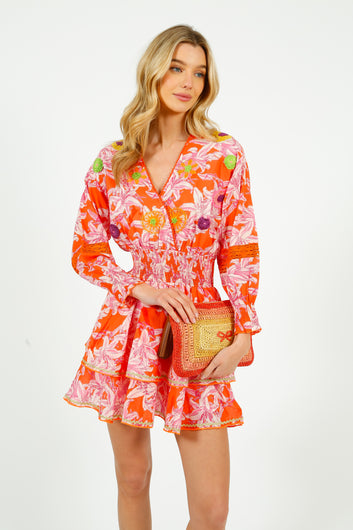PDS 423 Lelies Short Dress in Orange, White