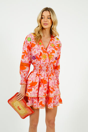 PDS 423 Lelies Short Dress in Orange, White