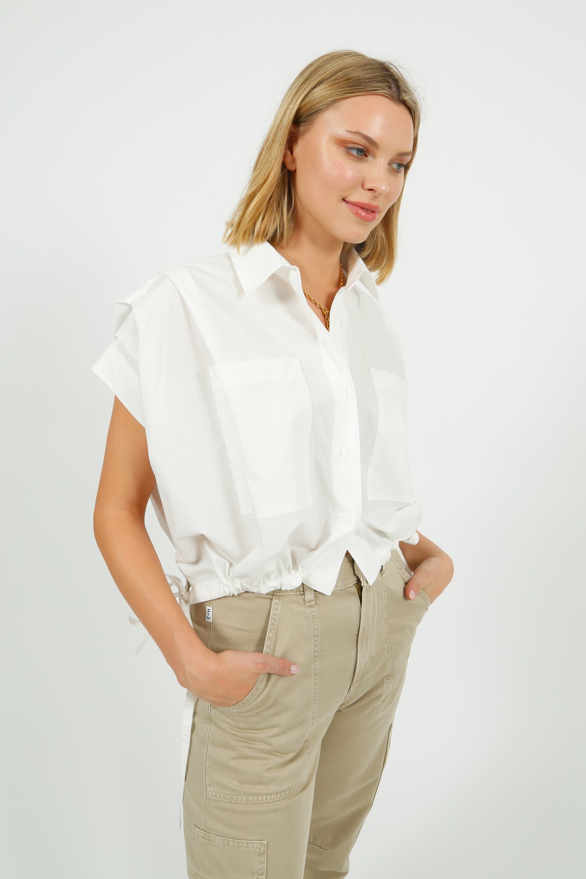 EP BL3406 Gathered Shirt Blouse in White