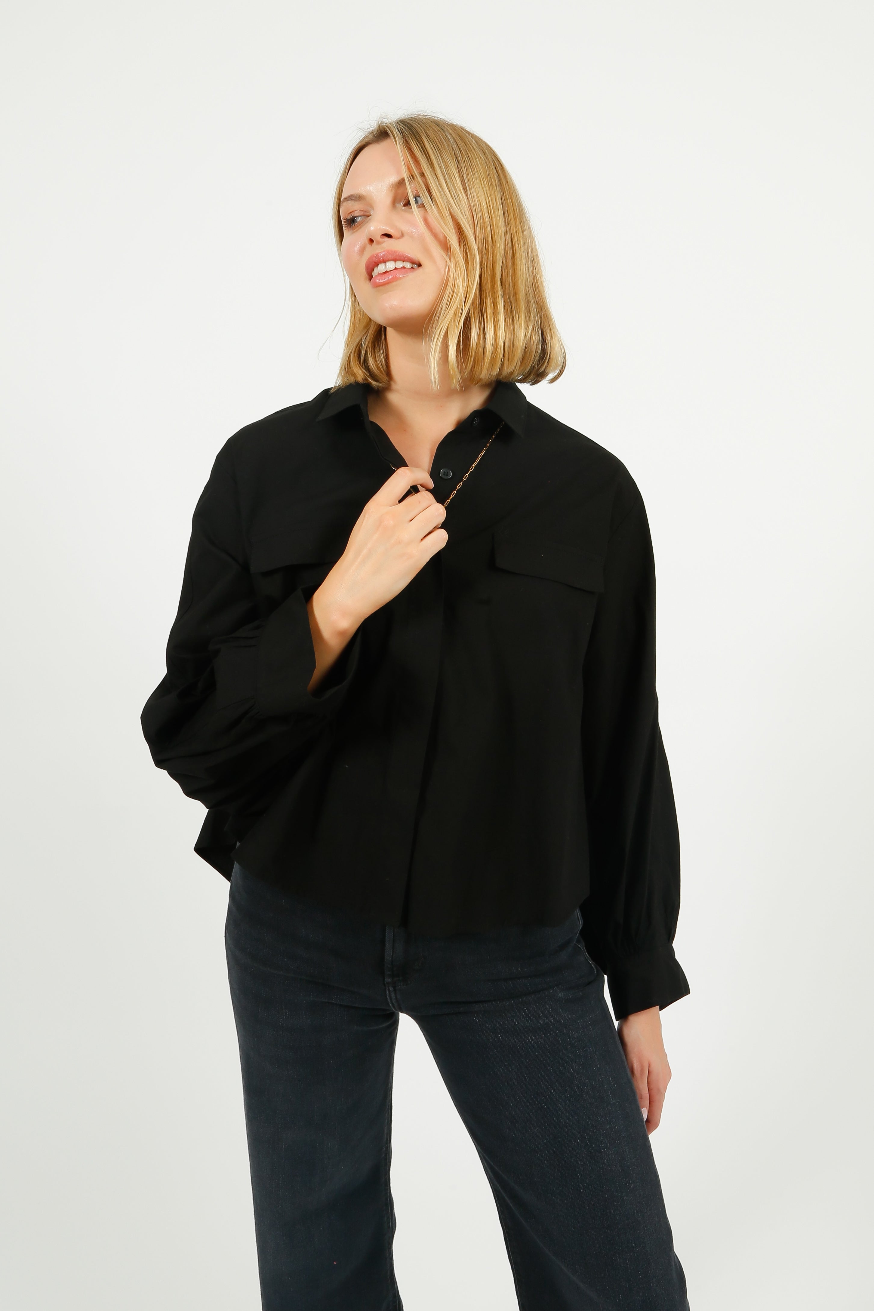 EP BL3405 Volume Sleeve Shirt Blouse in Black