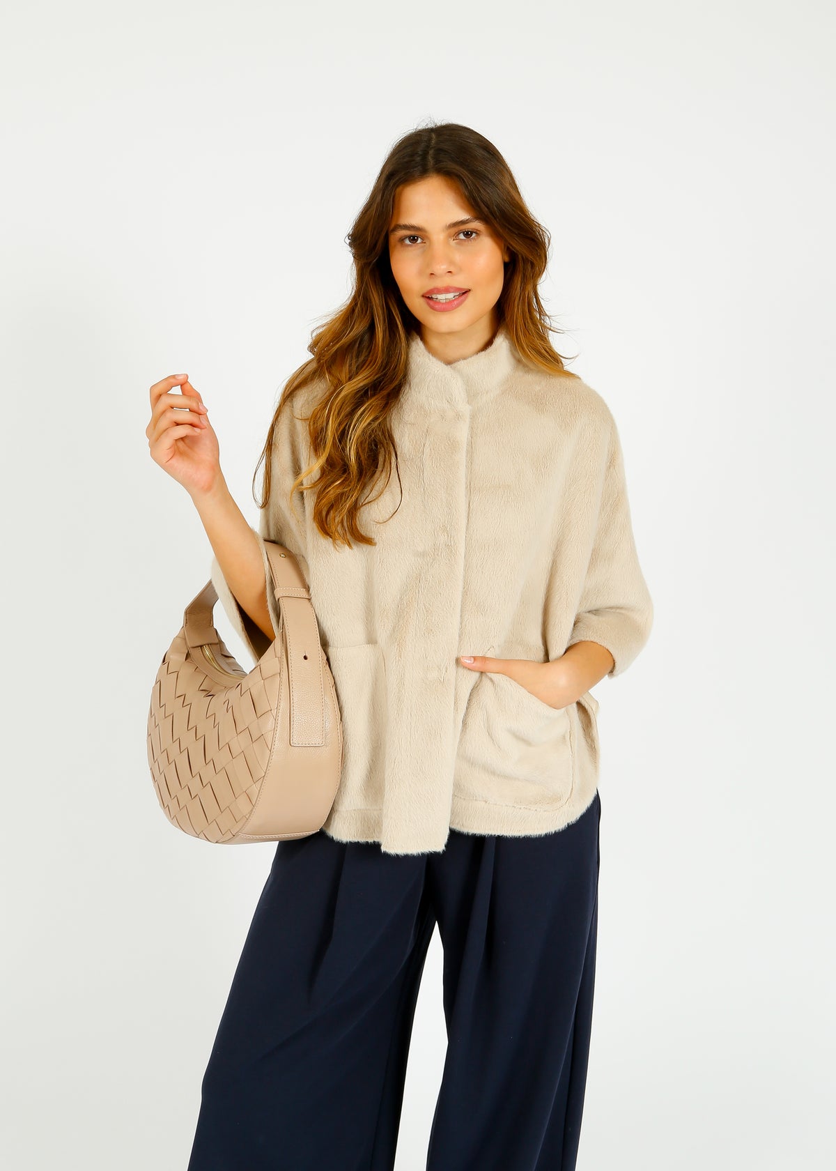 R&P Dewi Faux Fur Cape in Birch