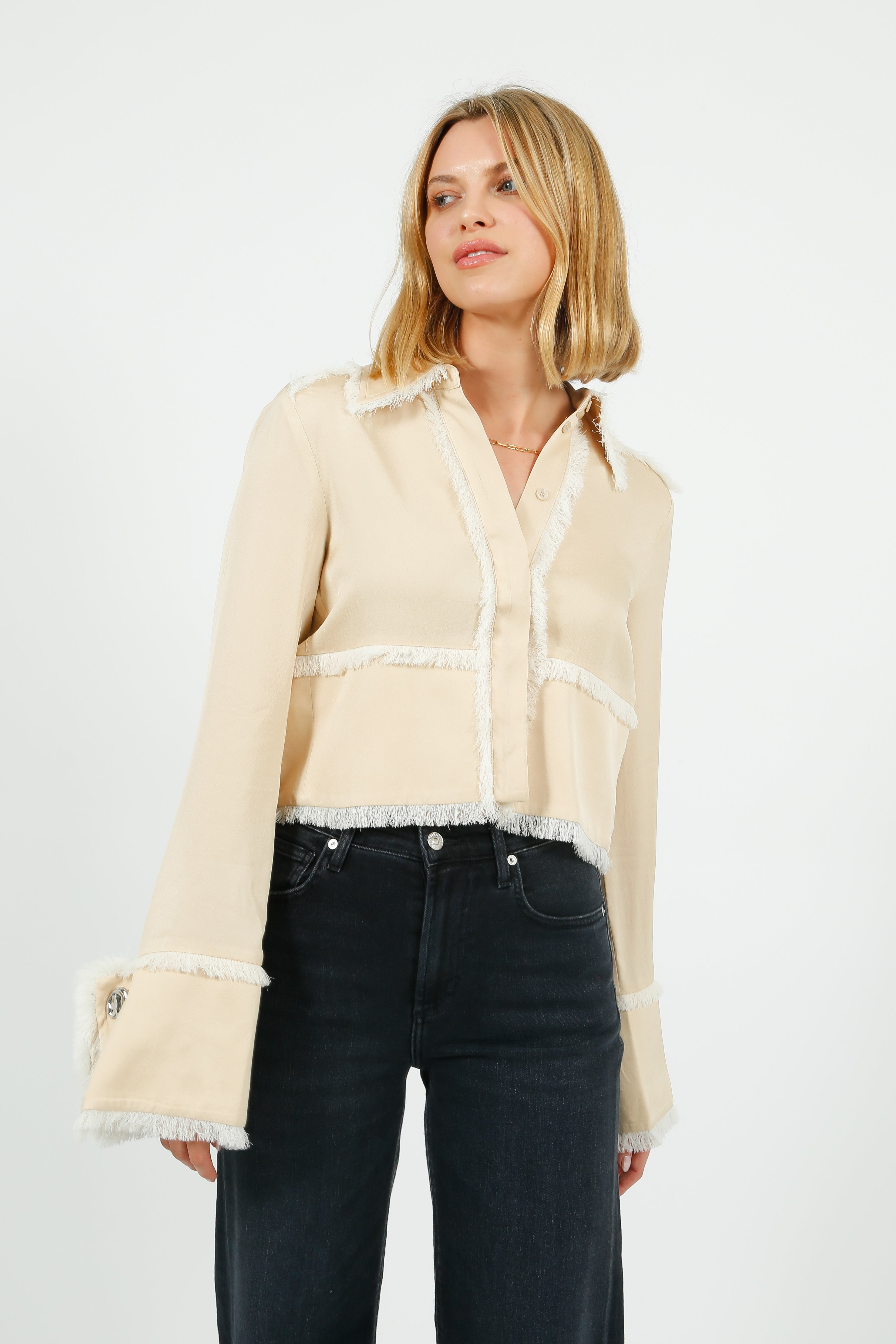 DAY Emmie Matte Crepe Fringe Shirt in Oyster Grey