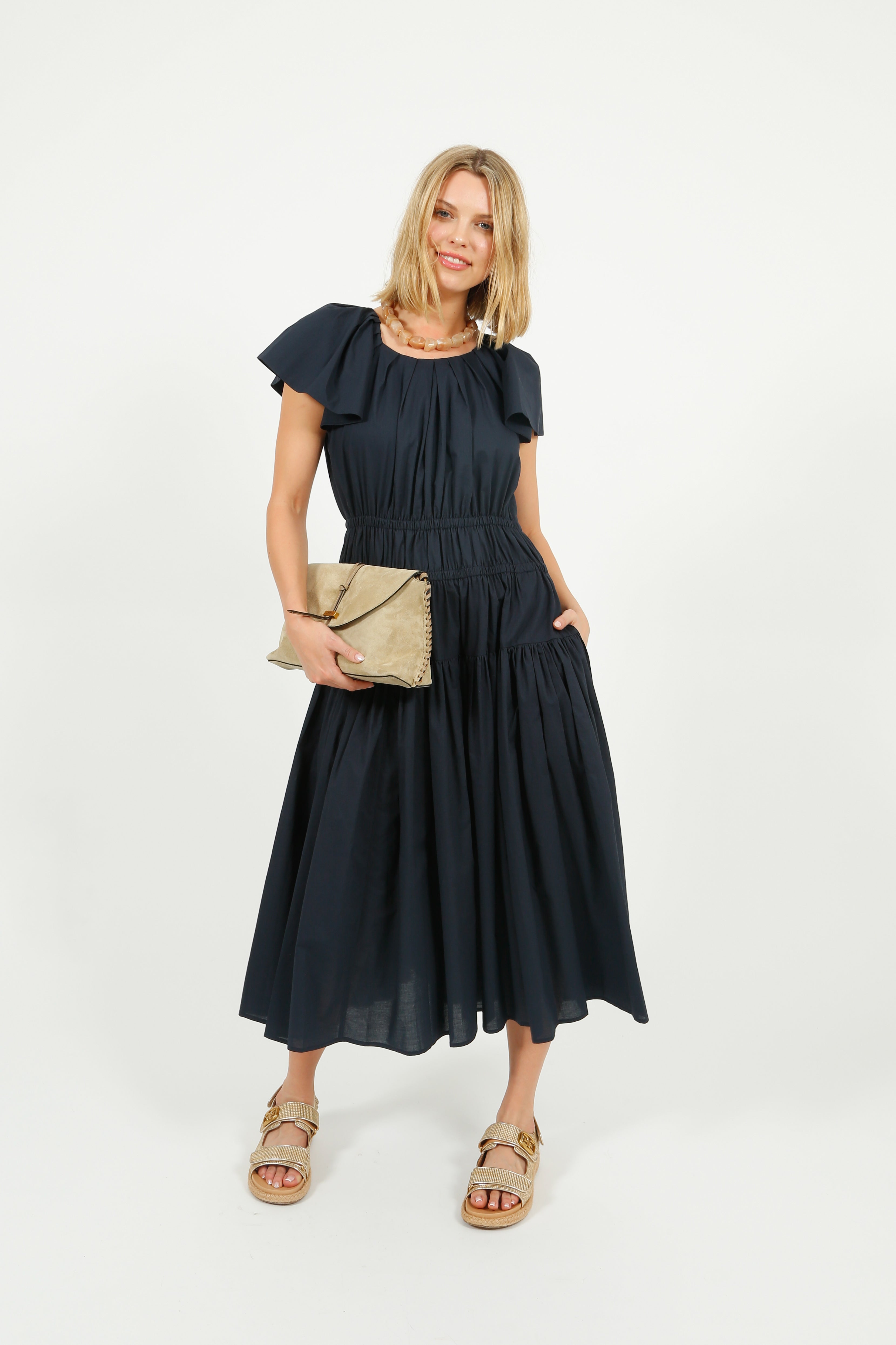 EP DR3405 Wide Shoulder Dress in Navy