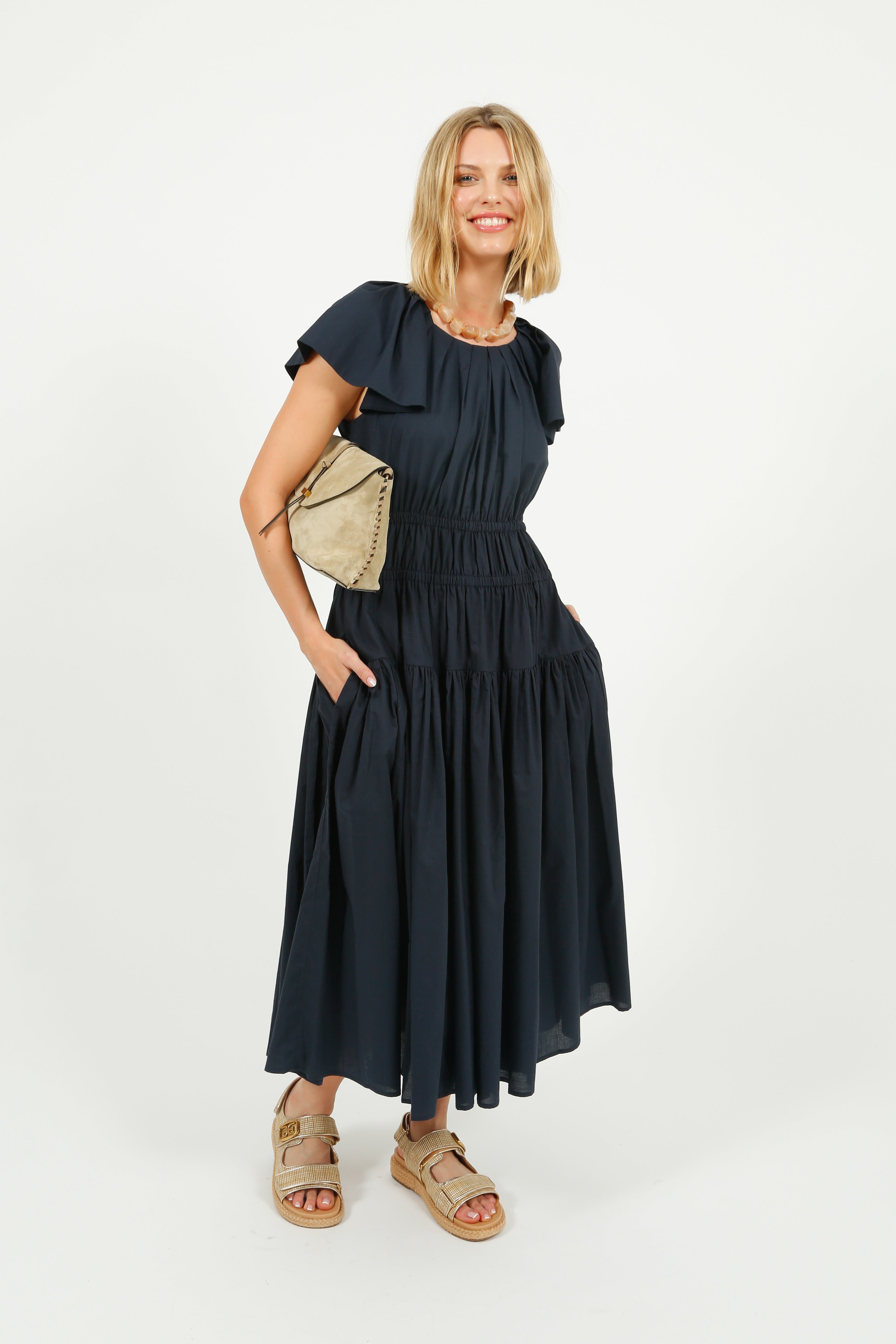 EP DR3405 Wide Shoulder Dress in Navy