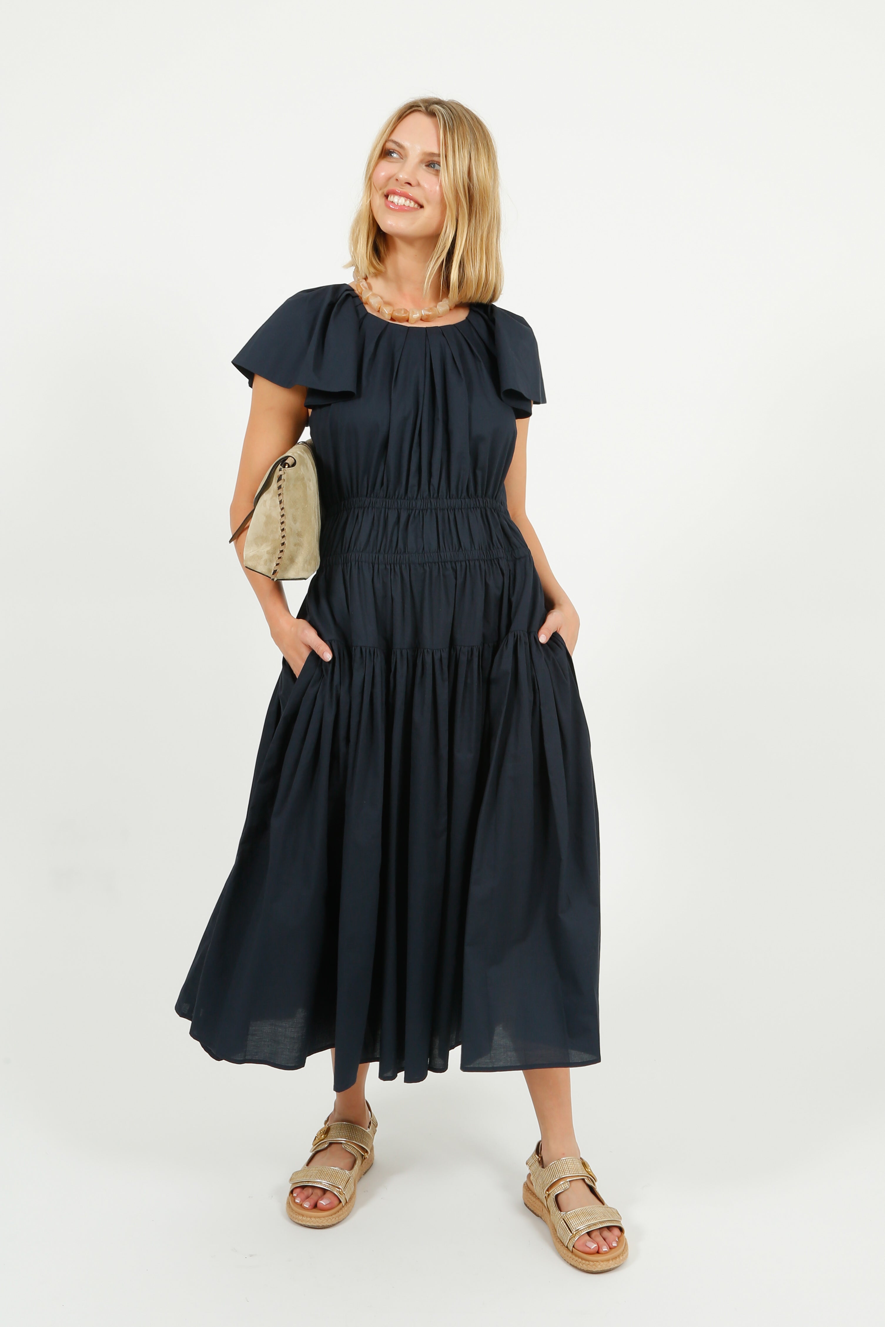 EP DR3405 Wide Shoulder Dress in Navy