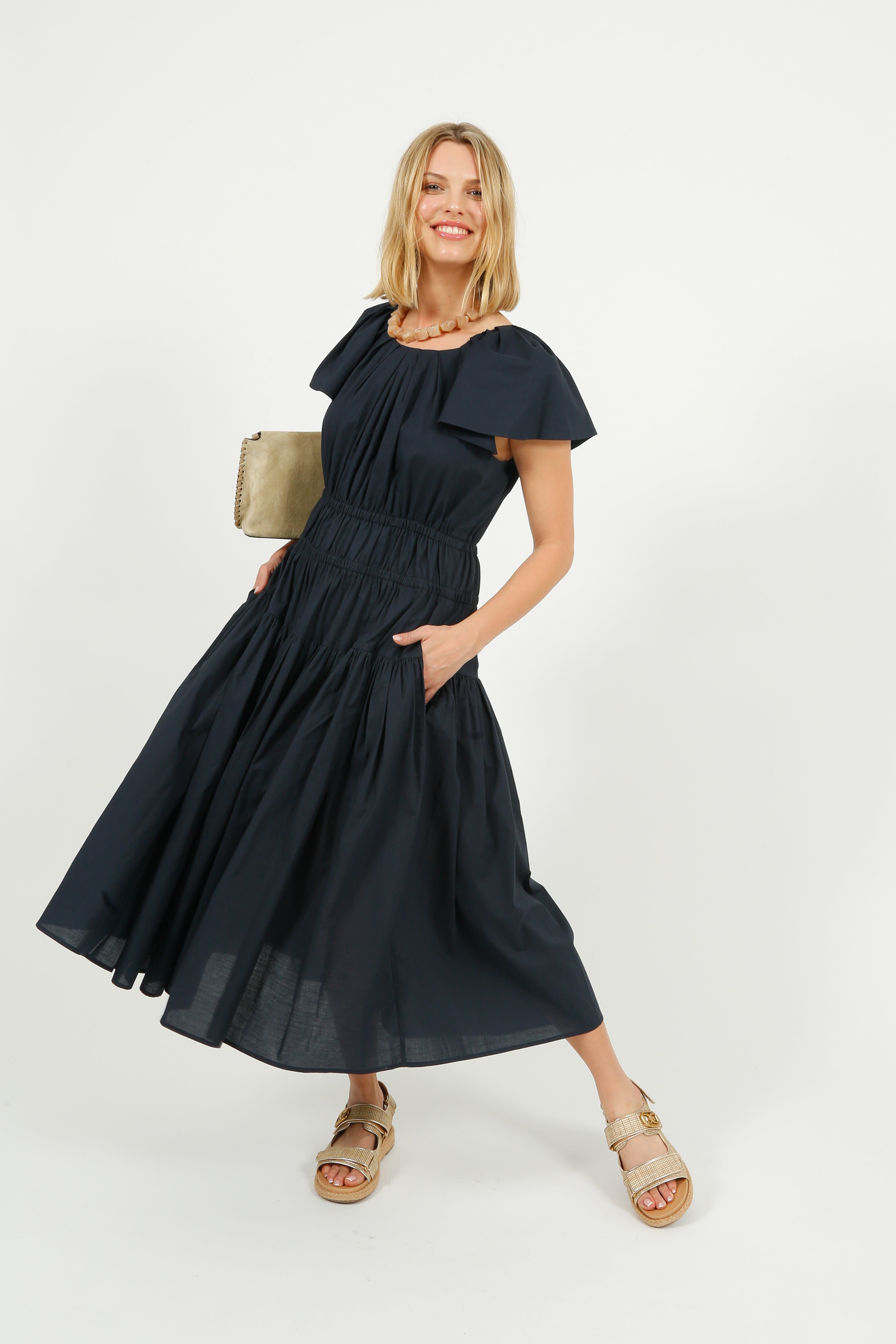 EP DR3405 Wide Shoulder Dress in Navy