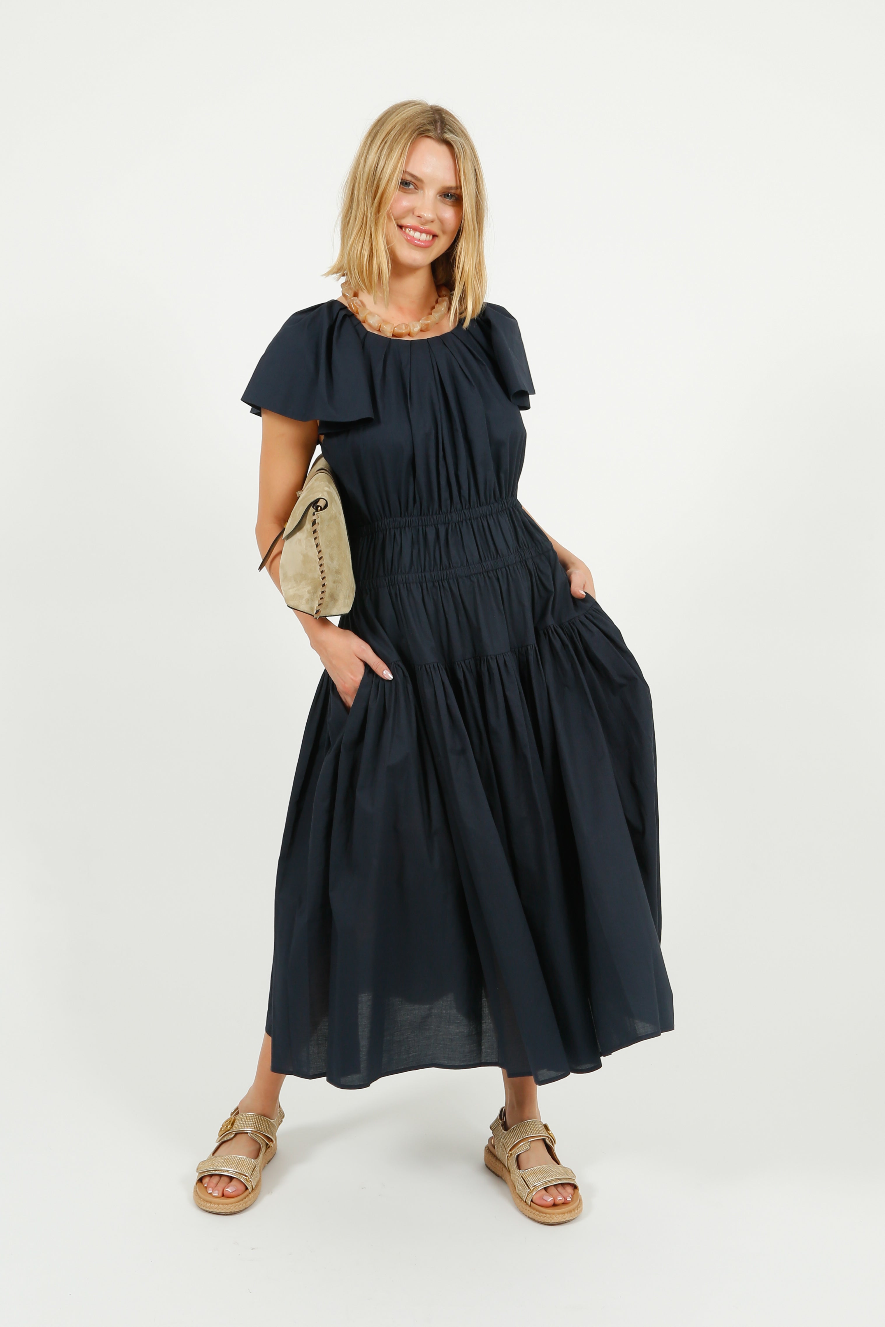 EP DR3405 Wide Shoulder Dress in Navy