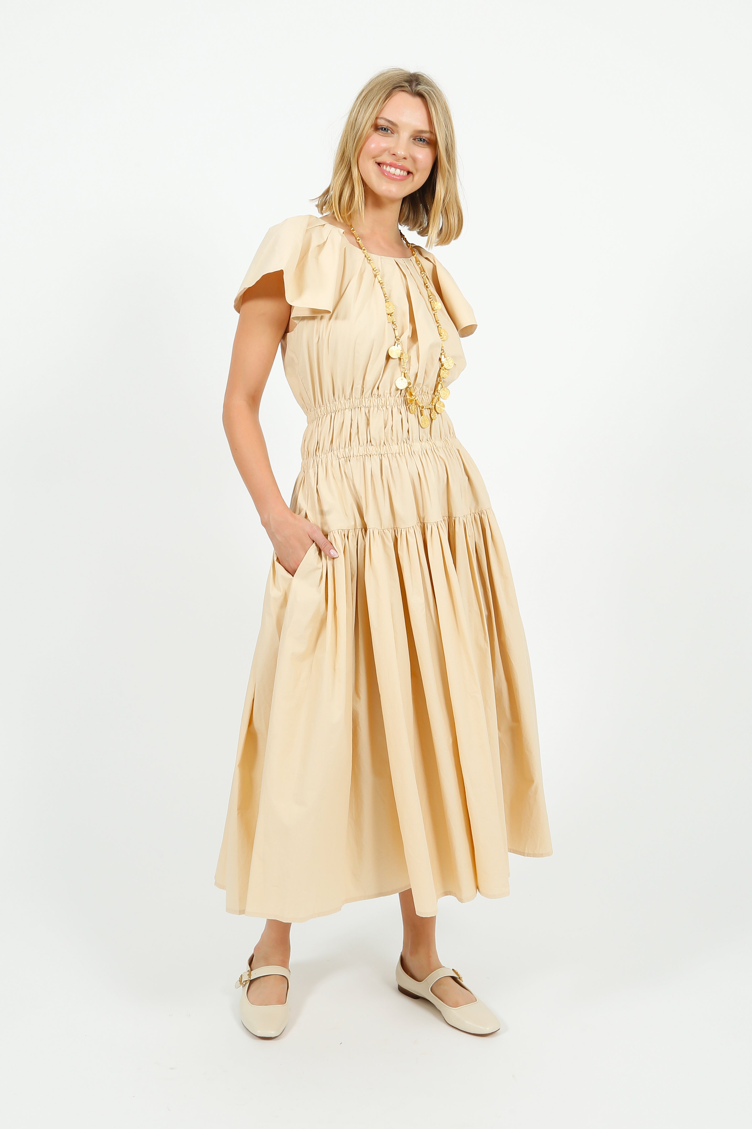 EP DR3405 Wide Shoulder Dress in Butter