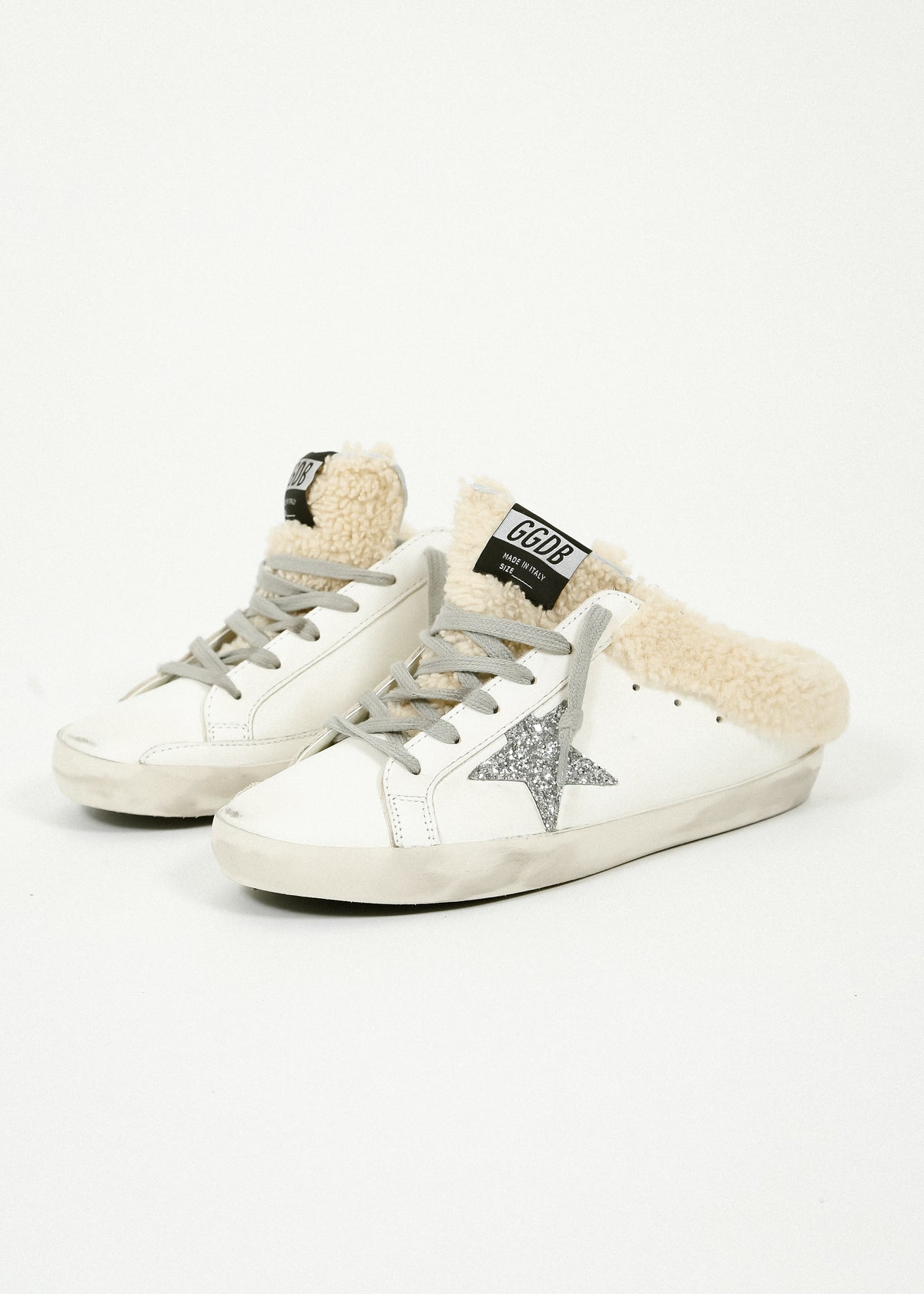 GG Super Star Sabot Shearling in White, Silver, Beige