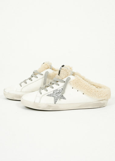 GG Super Star Sabot Shearling in White, Silver, Beige