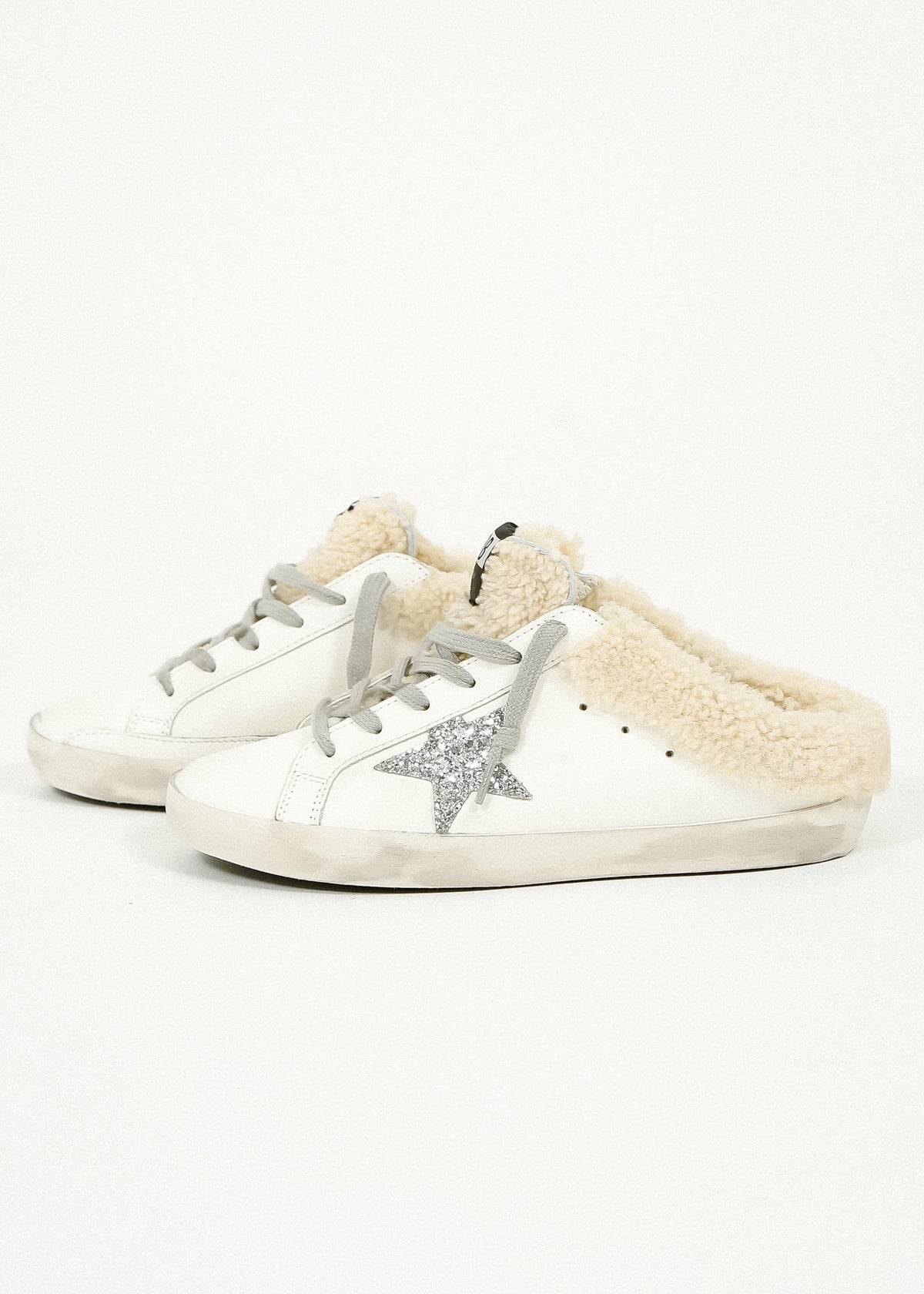 GG Super Star Sabot Shearling in White, Silver, Beige