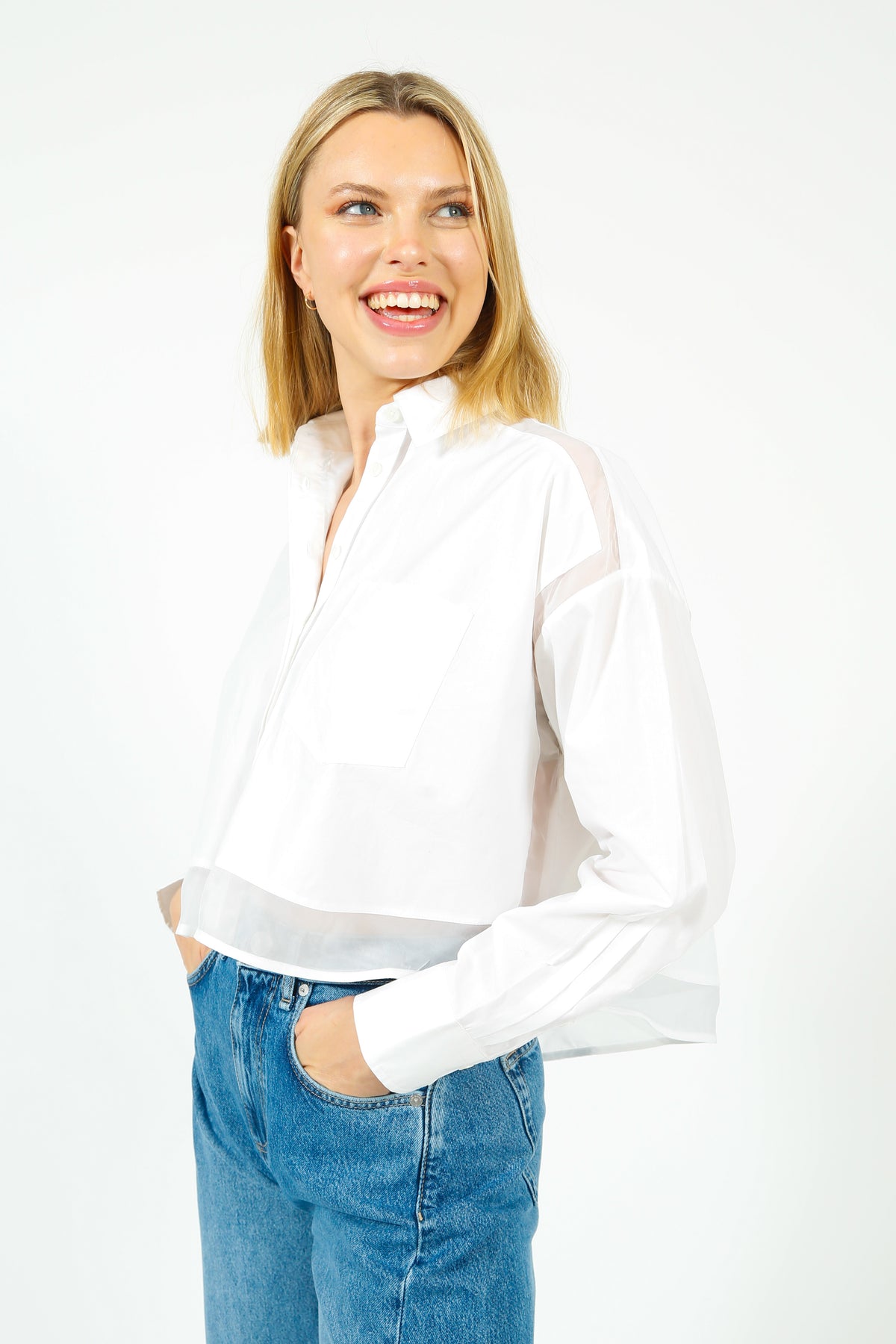 R&B Beatrice Cropped Combo Shirt in White