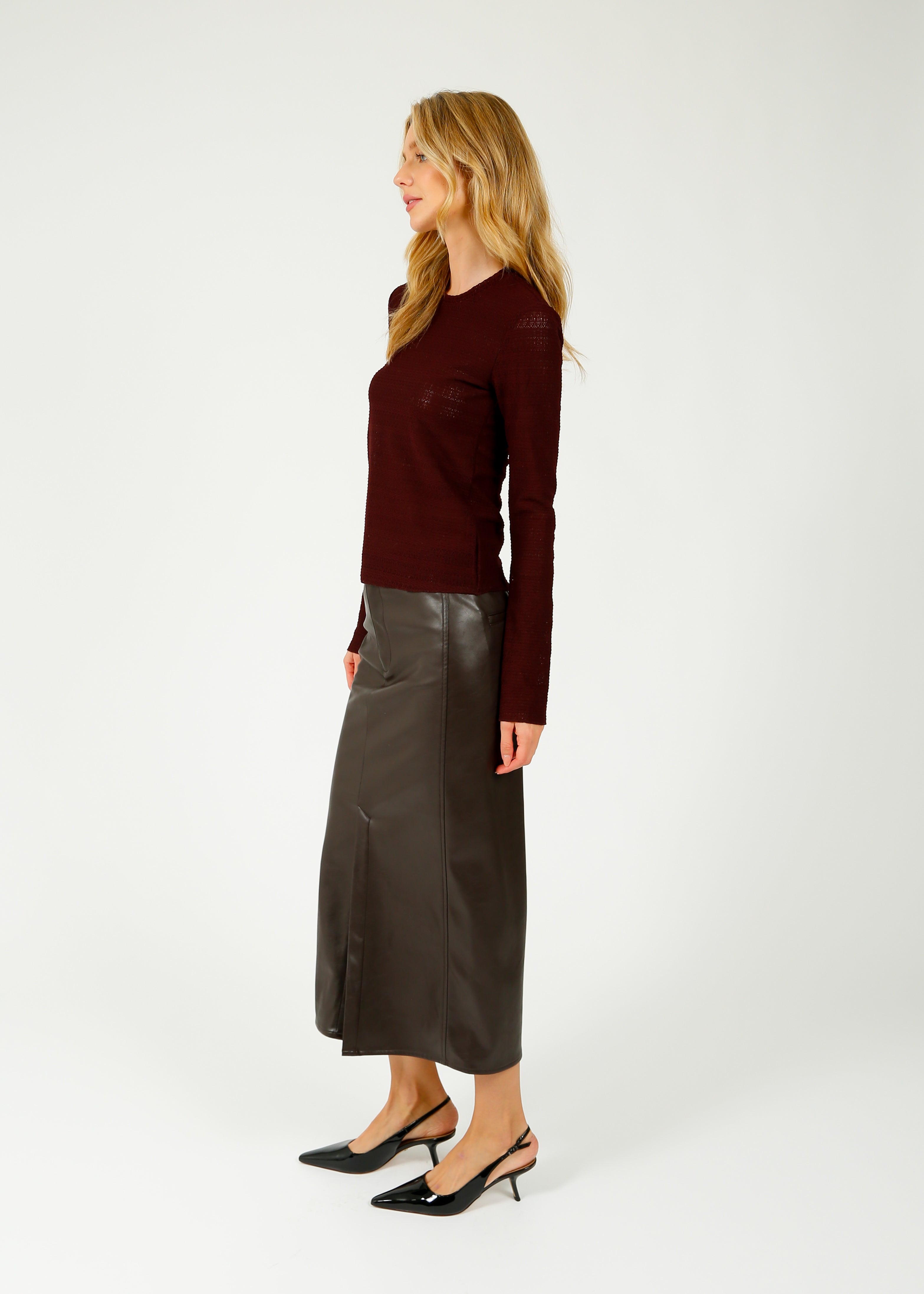 R&B Rayne Faux Leather Midi Skirt in Dark Brown