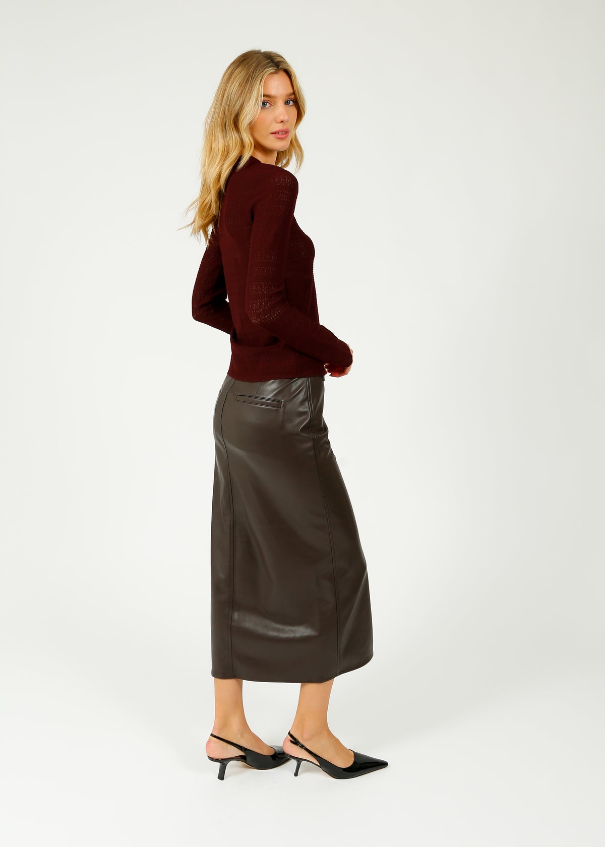 R&B Rayne Faux Leather Midi Skirt in Dark Brown