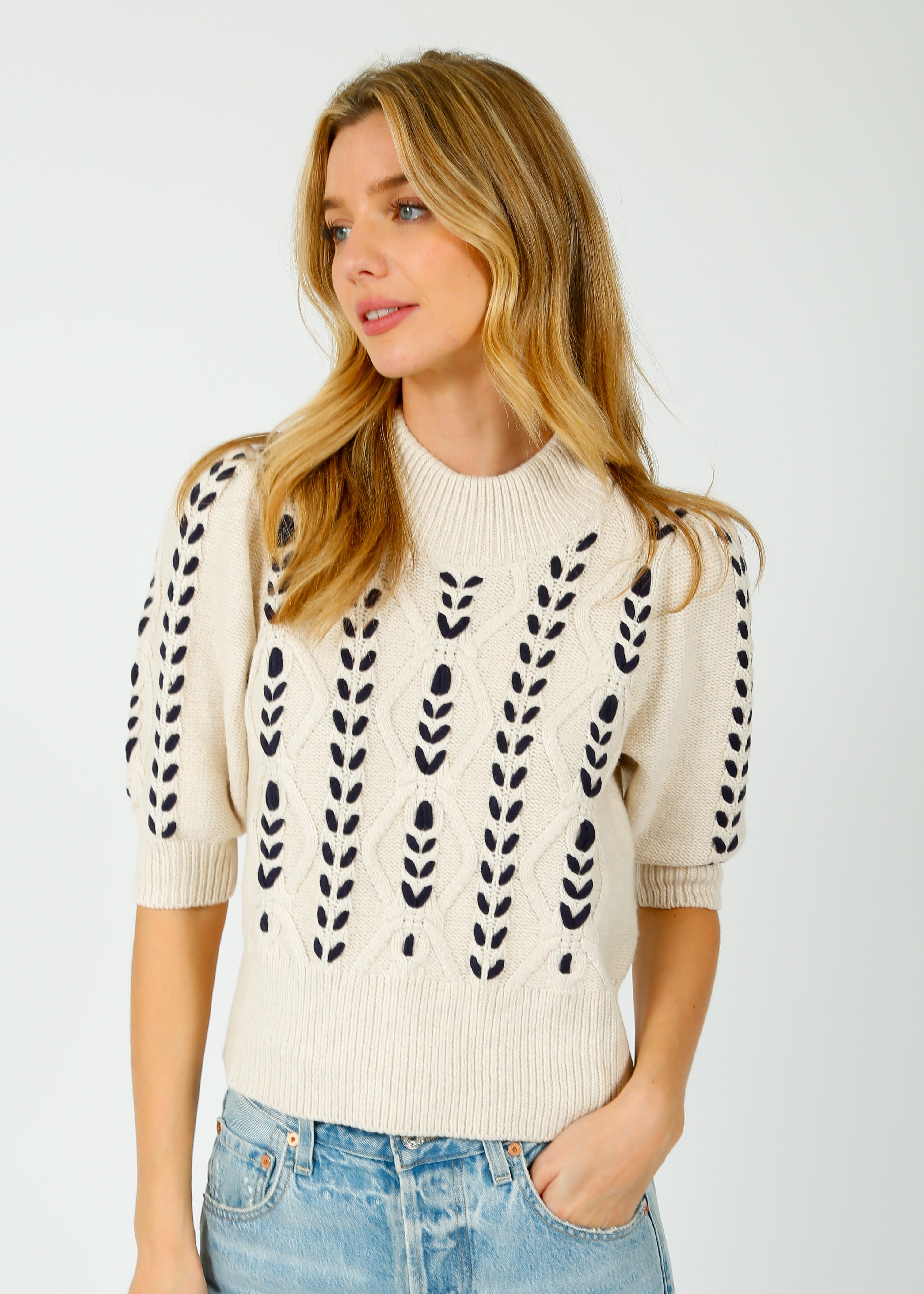 RAILS Addy Cable SS Knit in Oatmeal, Navy