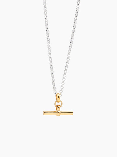 TS Gold T Bar Necklace on Silver Belcher Chain