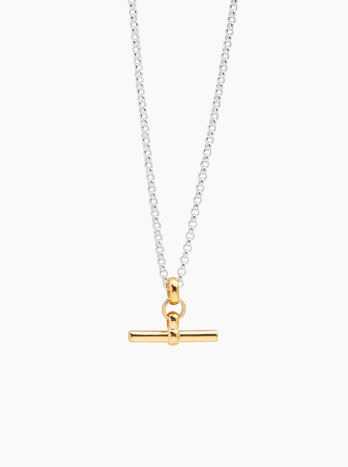 TS Gold T Bar Necklace on Silver Belcher Chain